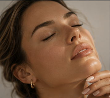 Close-up of a woman's face with her eyes closed, showing smooth skin and features.