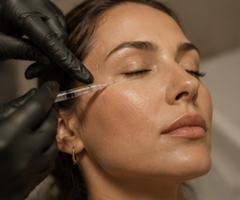 A woman receiving a facial injection treatment, with her eyes closed and a healthcare professional wearing black gloves administering the injection.