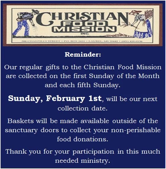 This Sunday we will be collecting for the Christian Food Mission! Thank so for your participation in this much needed ministry!