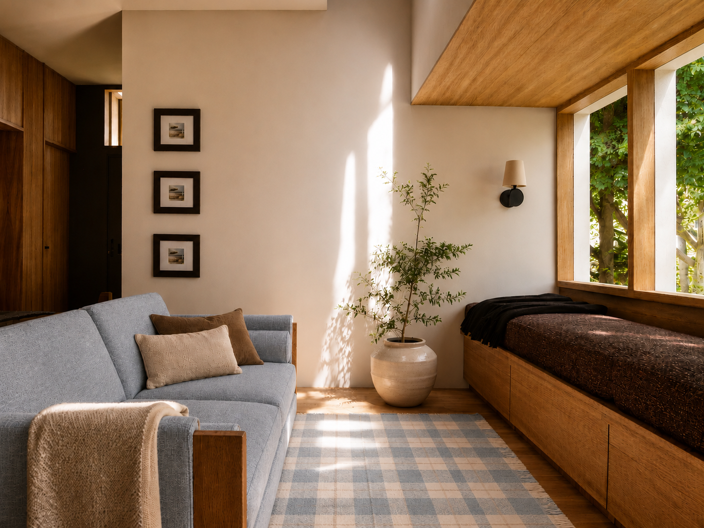 Bright living room with a light gray sofa, brown pillows, beige pillow, draped throw blanket, a potted plant, window with green foliage outside, wooden accents, wall art, and a bed with dark bedding.