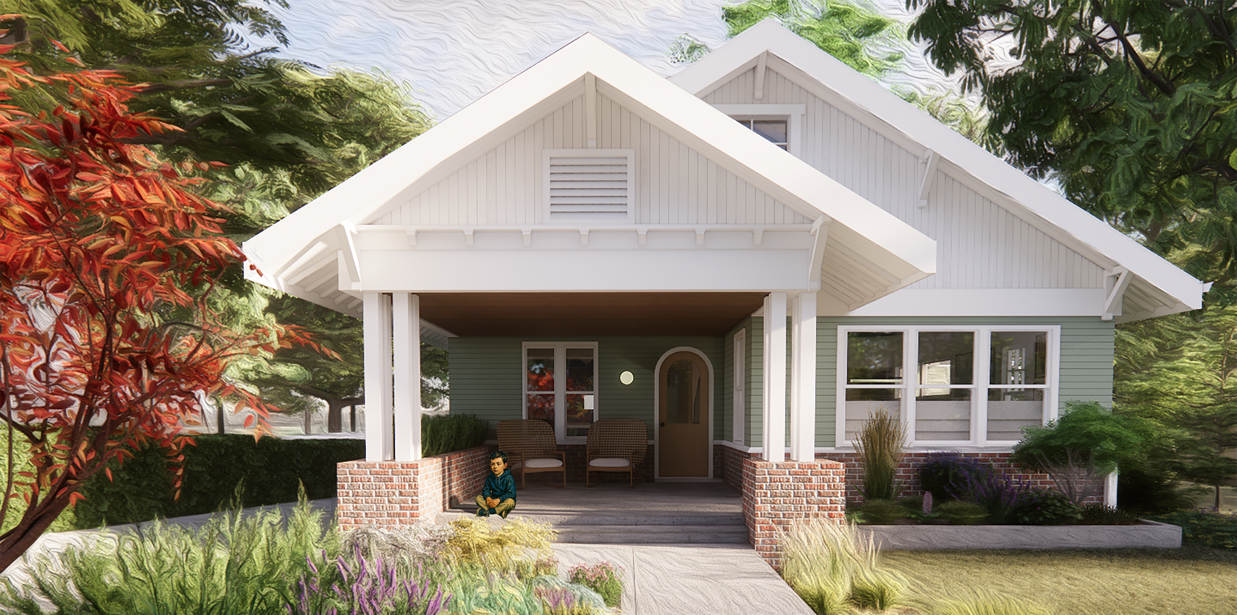 A charming two-story house with a front porch, green siding, and white trim surrounded by lush landscaping and colorful trees.