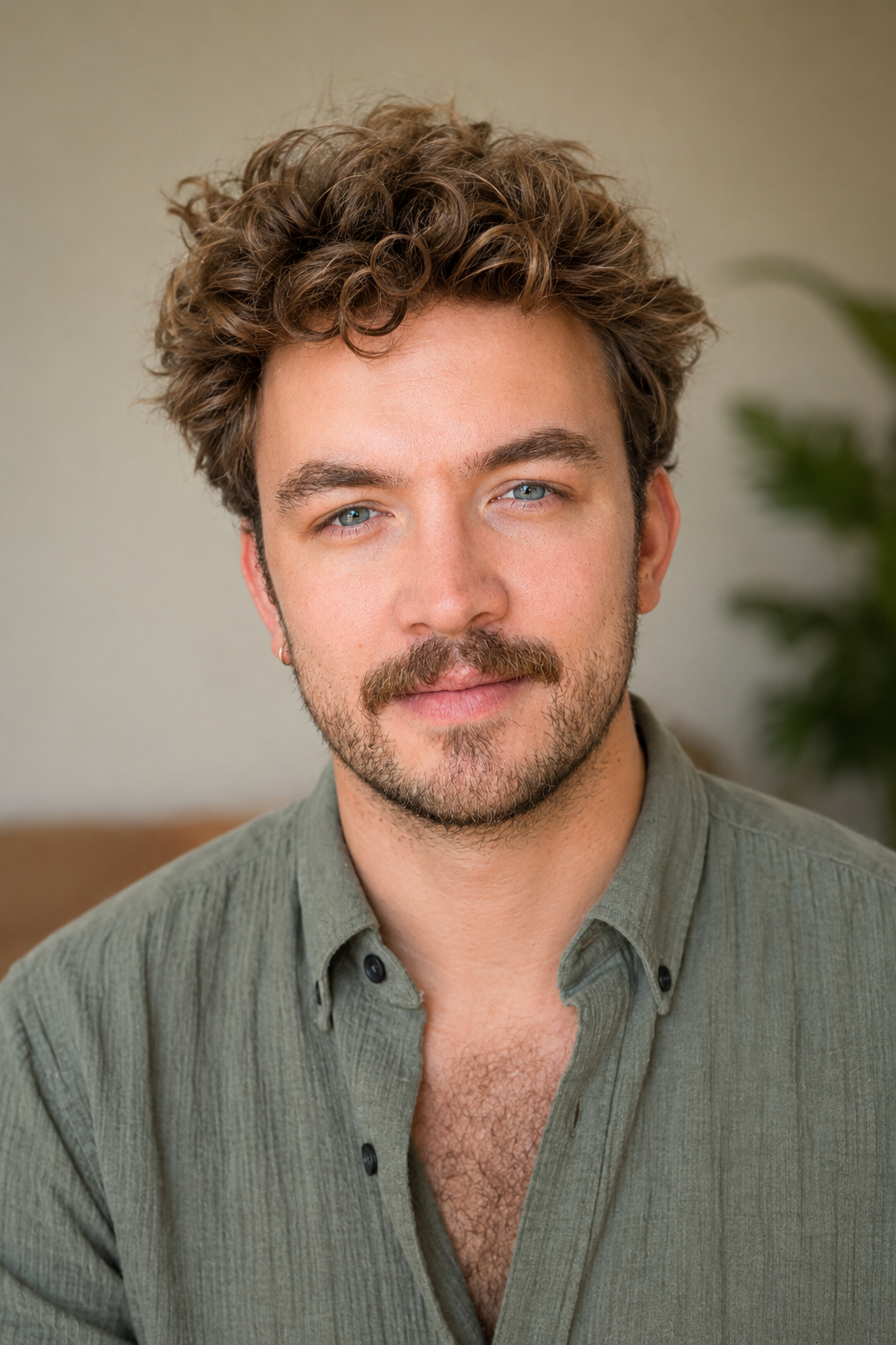 A young man with curly brown hair, blue eyes, and a beard, wearing a green button-up shirt, looking at the camera indoors.