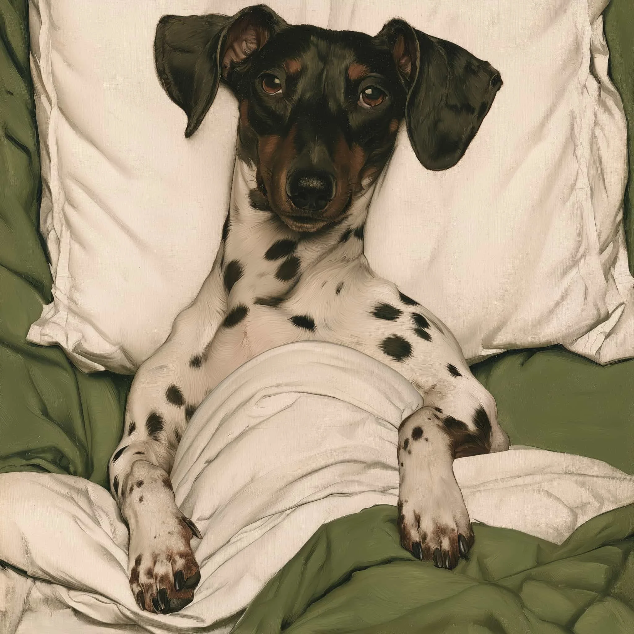 a dog laying in bed