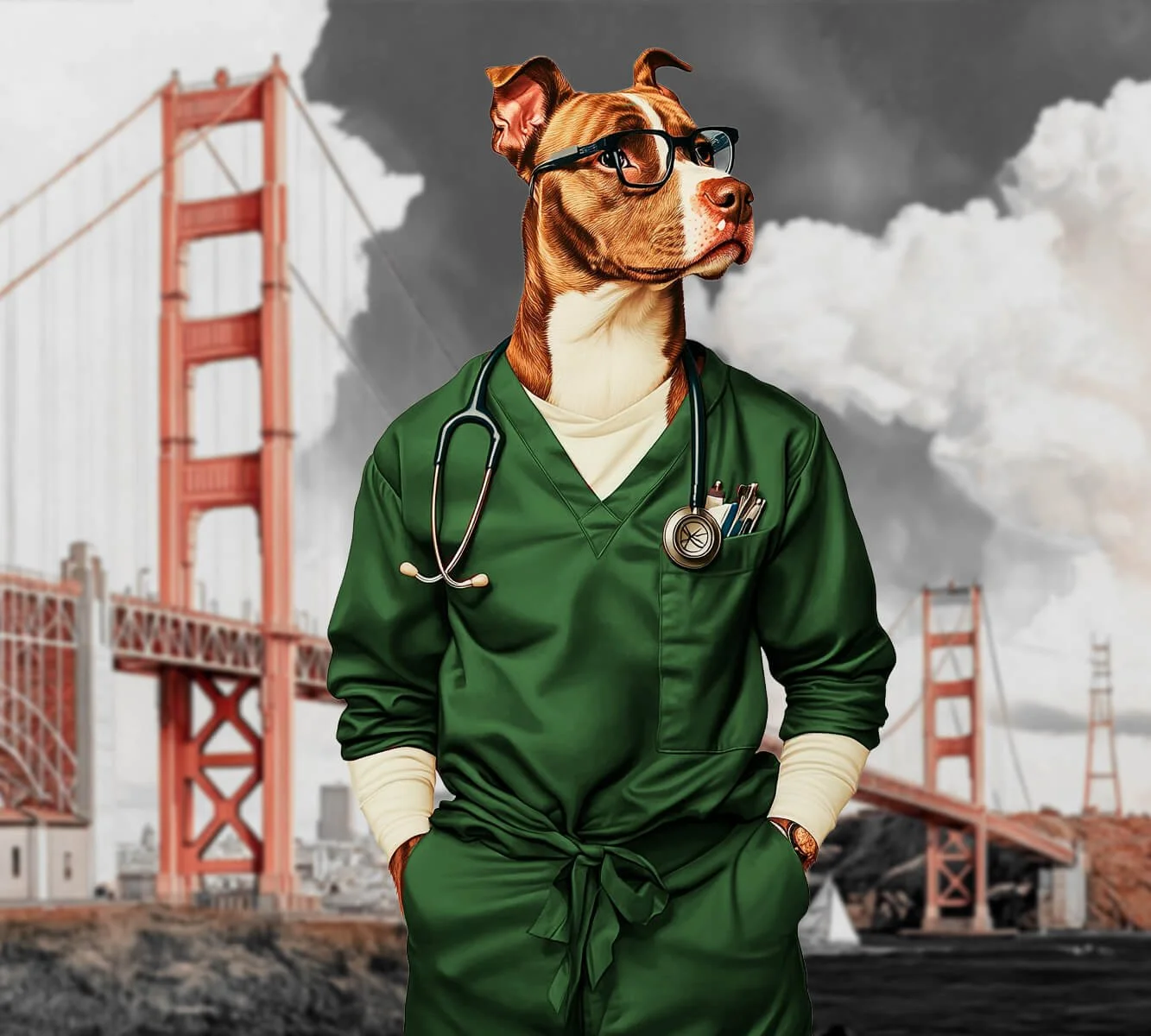 Dog in Scrubs with San Francisco behind him