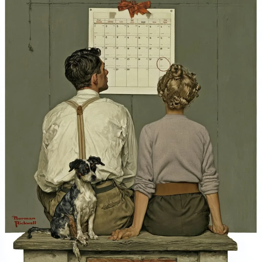 a couple sitting on a bench with their dog looking at a calendar