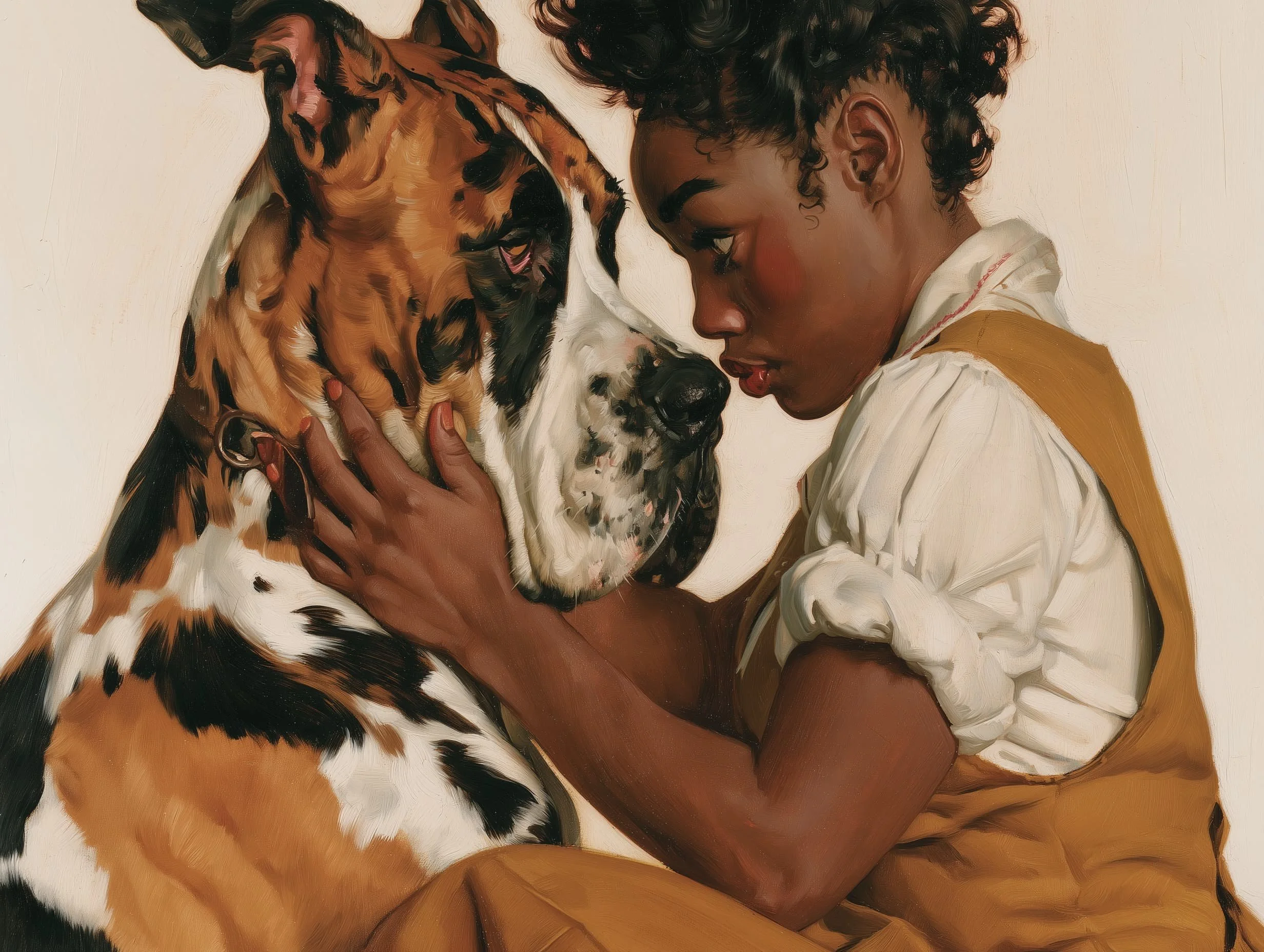 Illustration of a worried woman holding her large dog close
