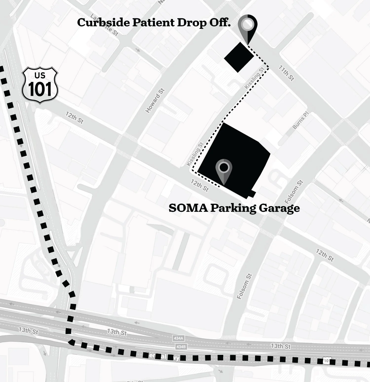 Map showing Remedy Veterinary Specialists at 216 11th St in San Francisco, two blocks from Highway 101, with curbside patient drop-off and the SOMA Hub Garage one block away