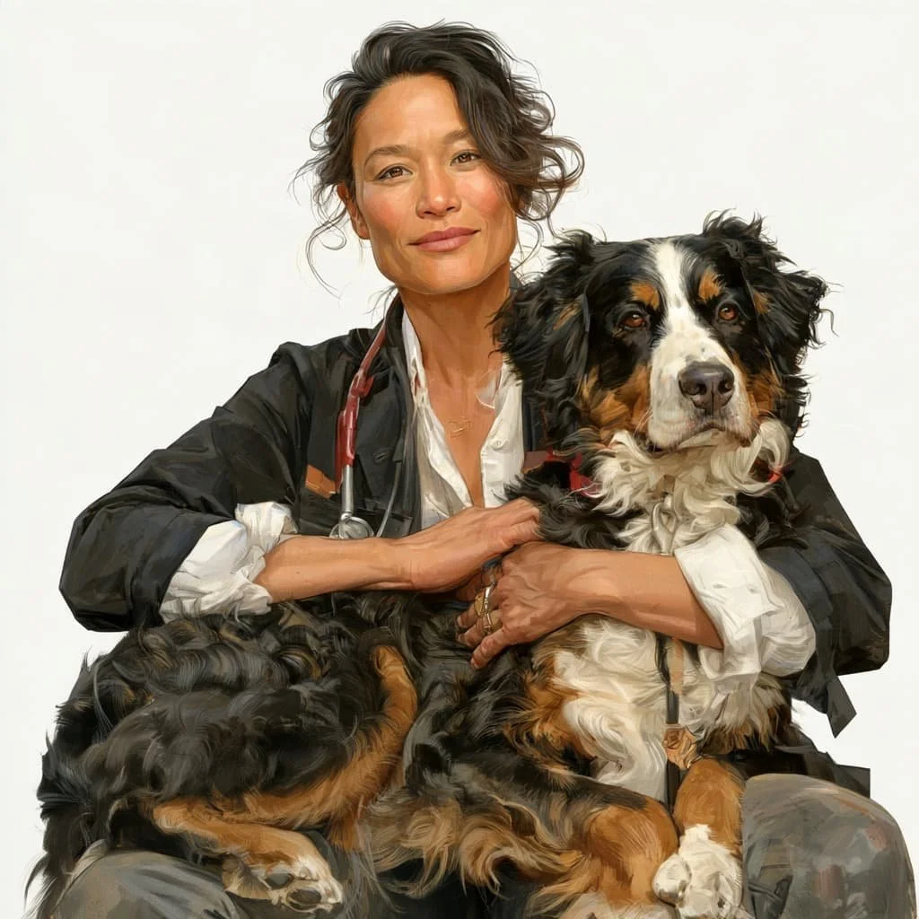 a female veterinarian holding a dog in her lap