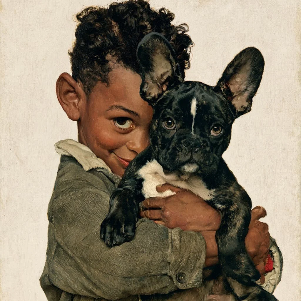 illustration of a boy hugging his French bulldog