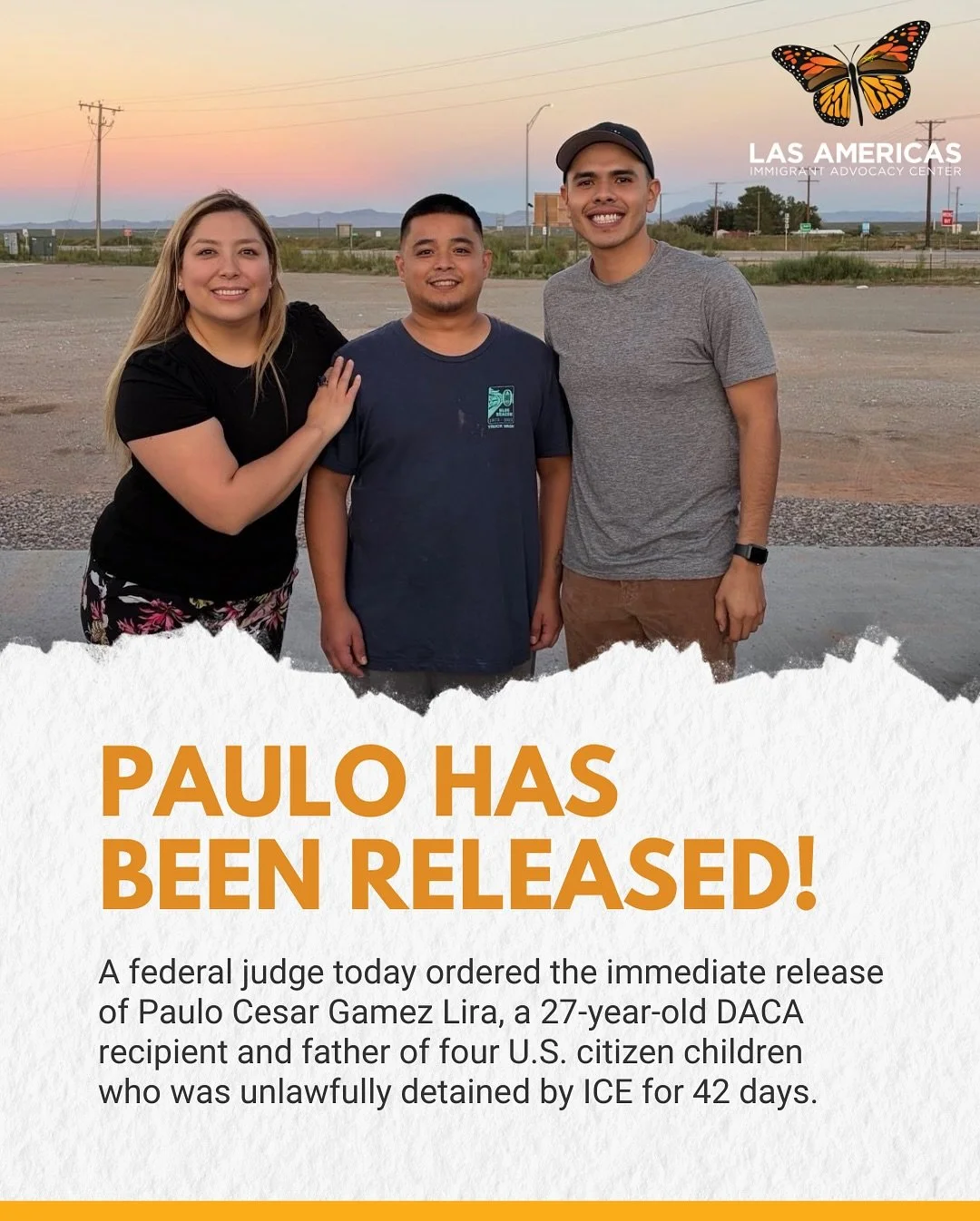 🏆 HUGE VICTORY! 🏆 Paulo Cesar Gamez Lira has been released from ICE custody. 

Crystal Sandoval, our director of community and capacity building, alongside Jorge Dominguez, staff attorney and litigation coordinator, proudly represent Paulo Cesar Ga
