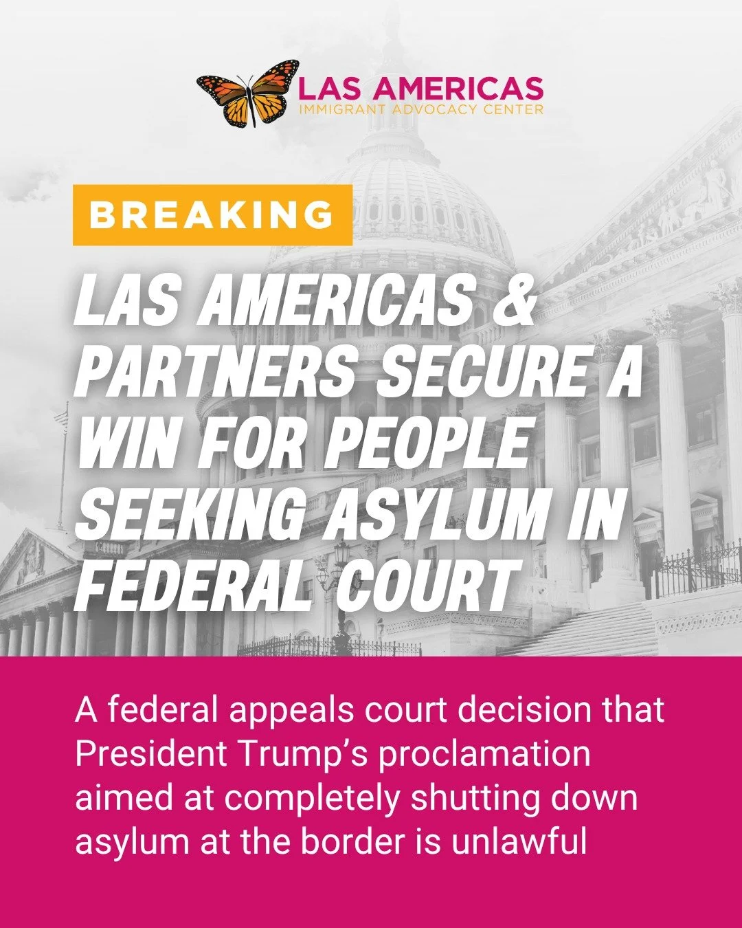 BREAKING: A federal appeals court today ruled that President Trump&rsquo;s proclamation, which aimed to completely shut down asylum at the border, is unlawful.

This is a huge win for our communities and would not have been possible without: @aclu_na