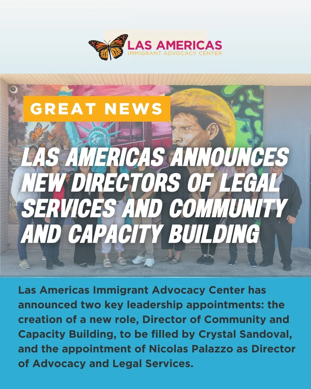 We're excited to announce two key leadership appointments: the creation of a new role, Director of Community and Capacity Building, to be filled by Crystal Sandoval, and the appointment of Nicolas Palazzo as Director of Advocacy and Legal Services.

