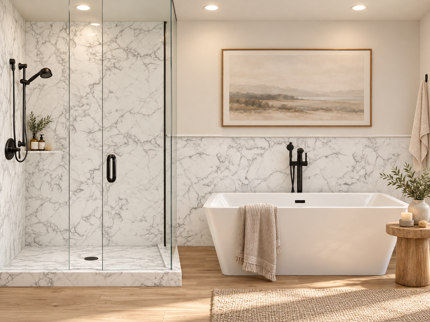 Juneau 2 wall Shower Surround with Wainscoting rendering