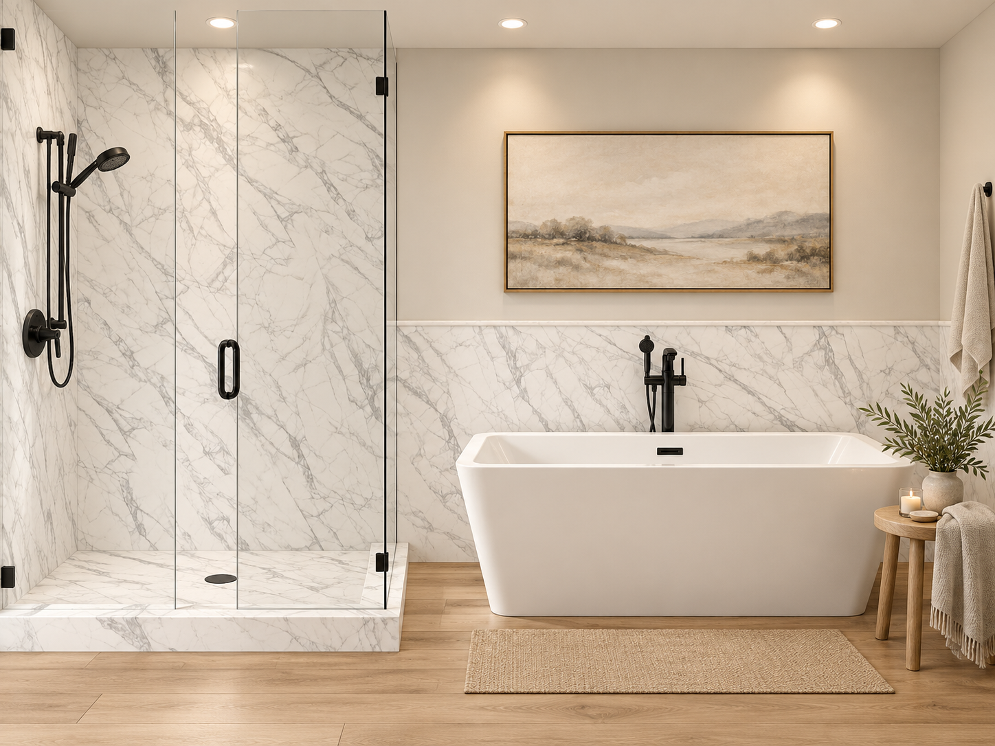Gray Ferrera 2 wall Shower Surround with Wainscoting rendering