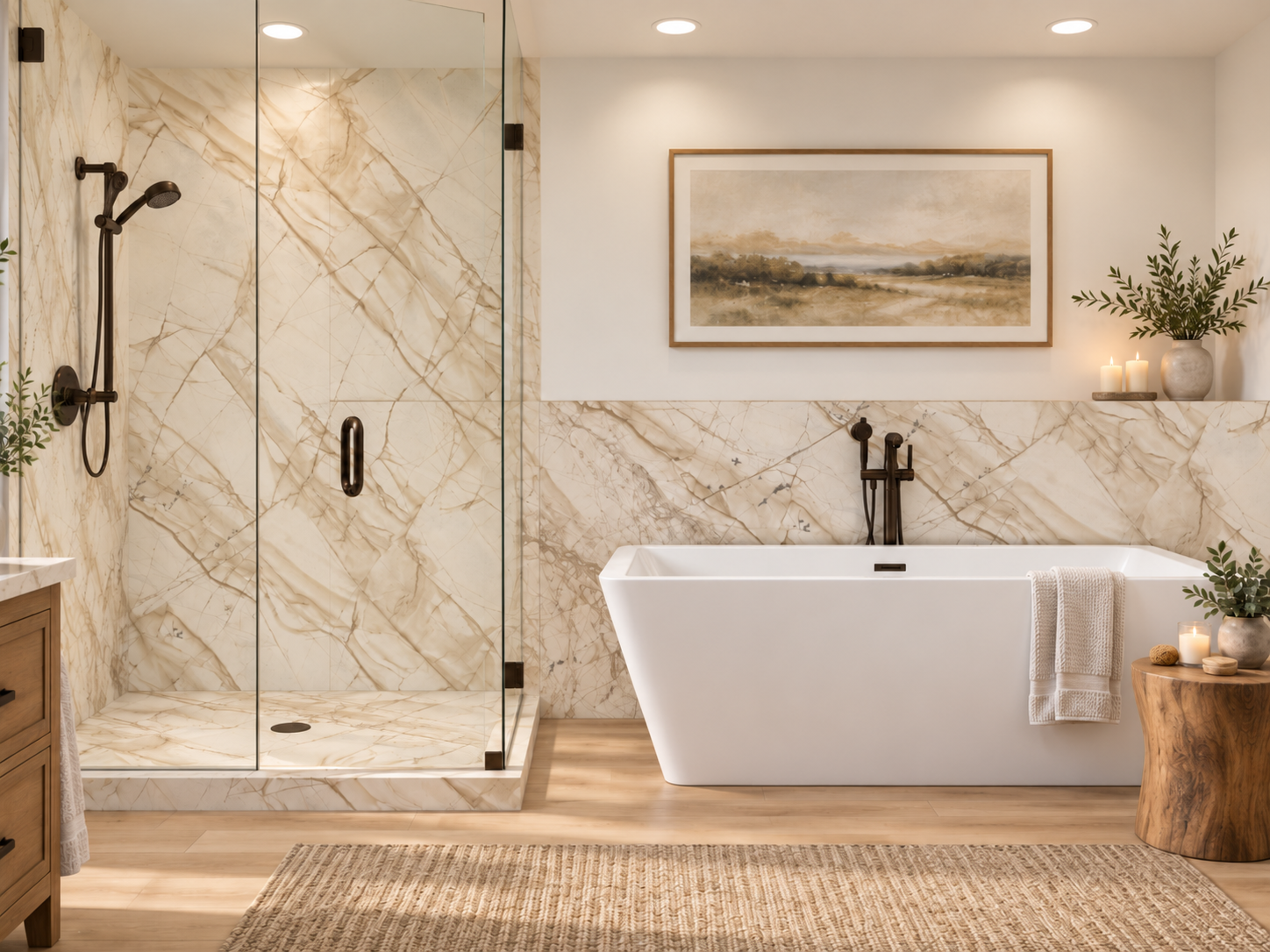 Anasazi Beige 2 wall shower and wainscoting rendering
