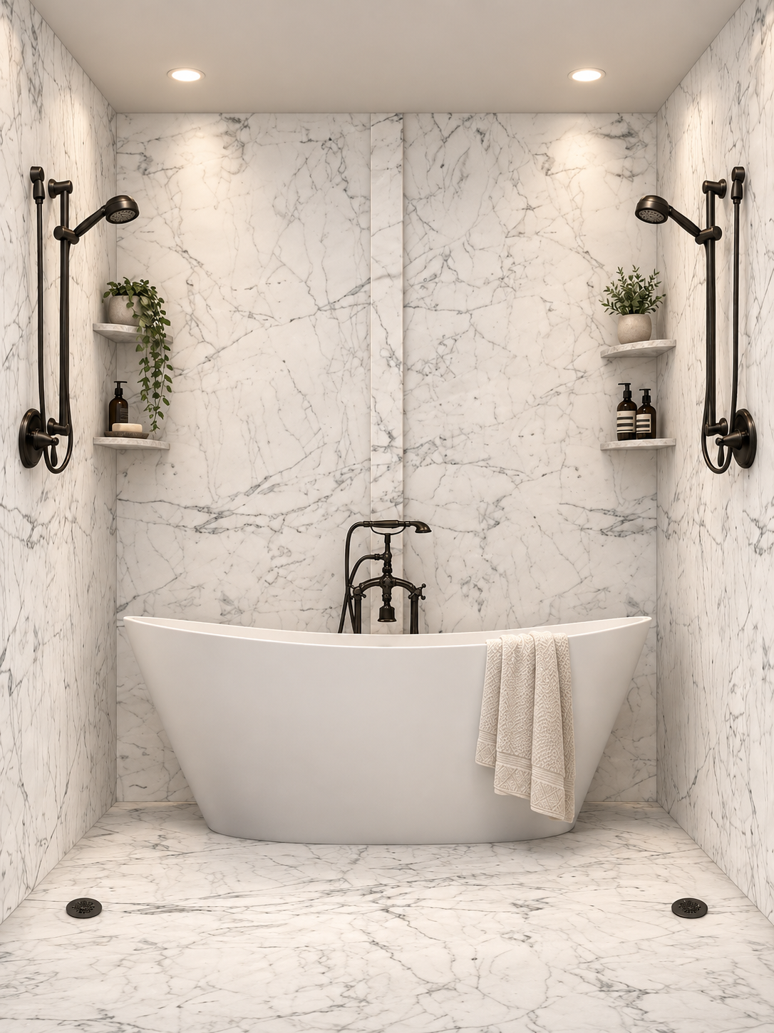 Bianco Carrara shower and tub wet room rendering