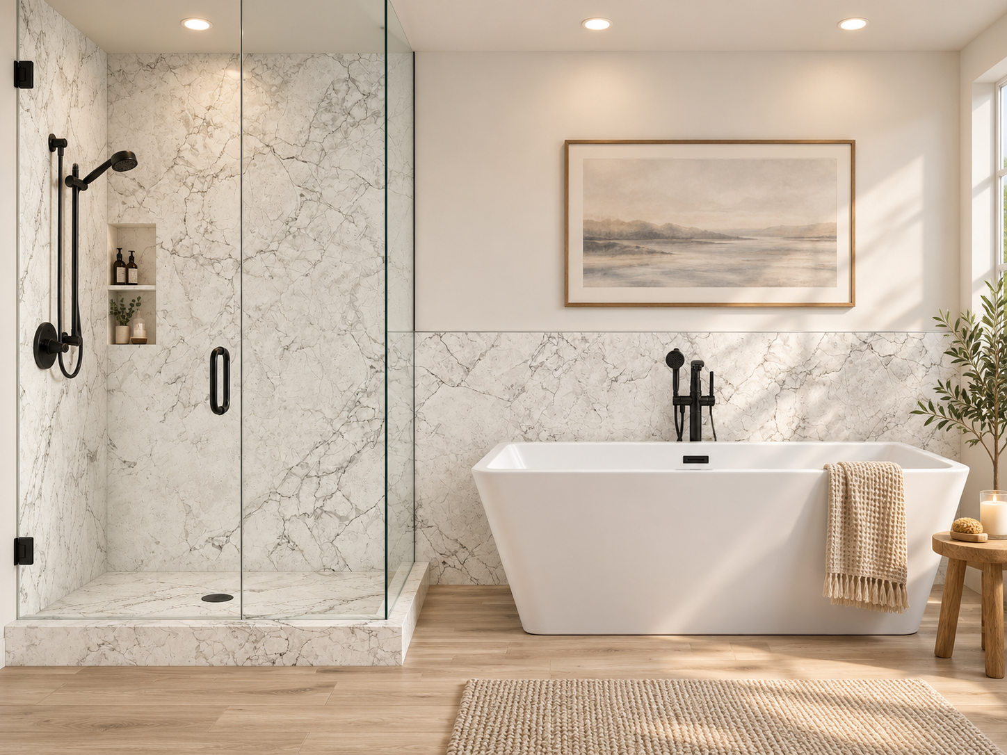 Crema Gray 2 wall shower and wainscot rendering