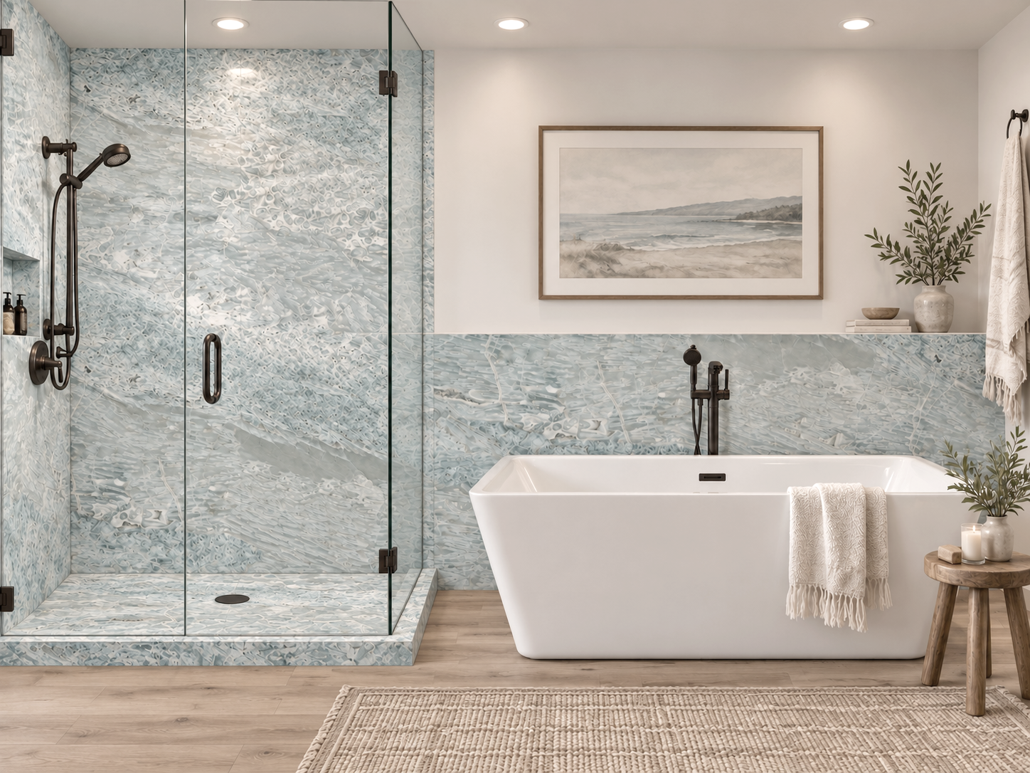 Oceanside 2 wall Shower Surround with Wainscoting rendering