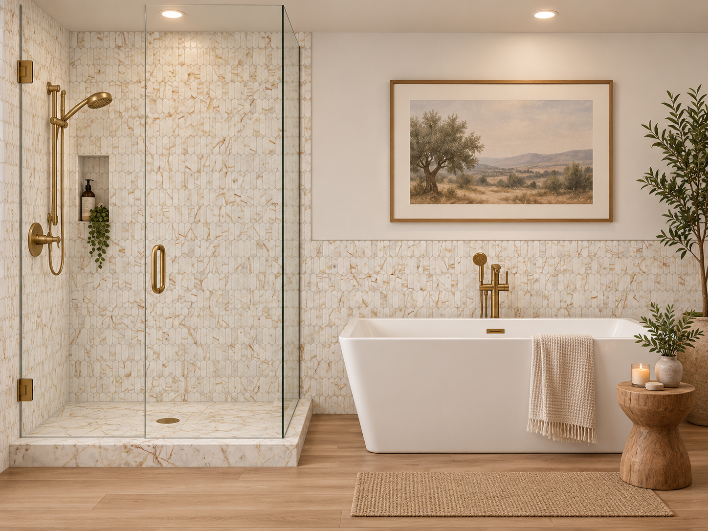 White Crystal MCM 2 wall shower and wainscot rendering