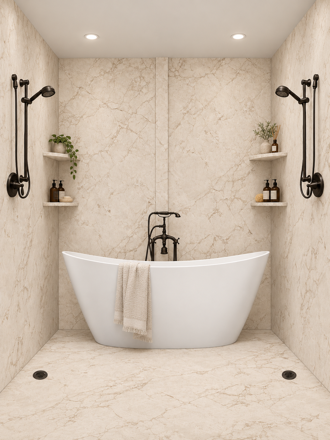 Crema Beige tub and shower wet room rendering