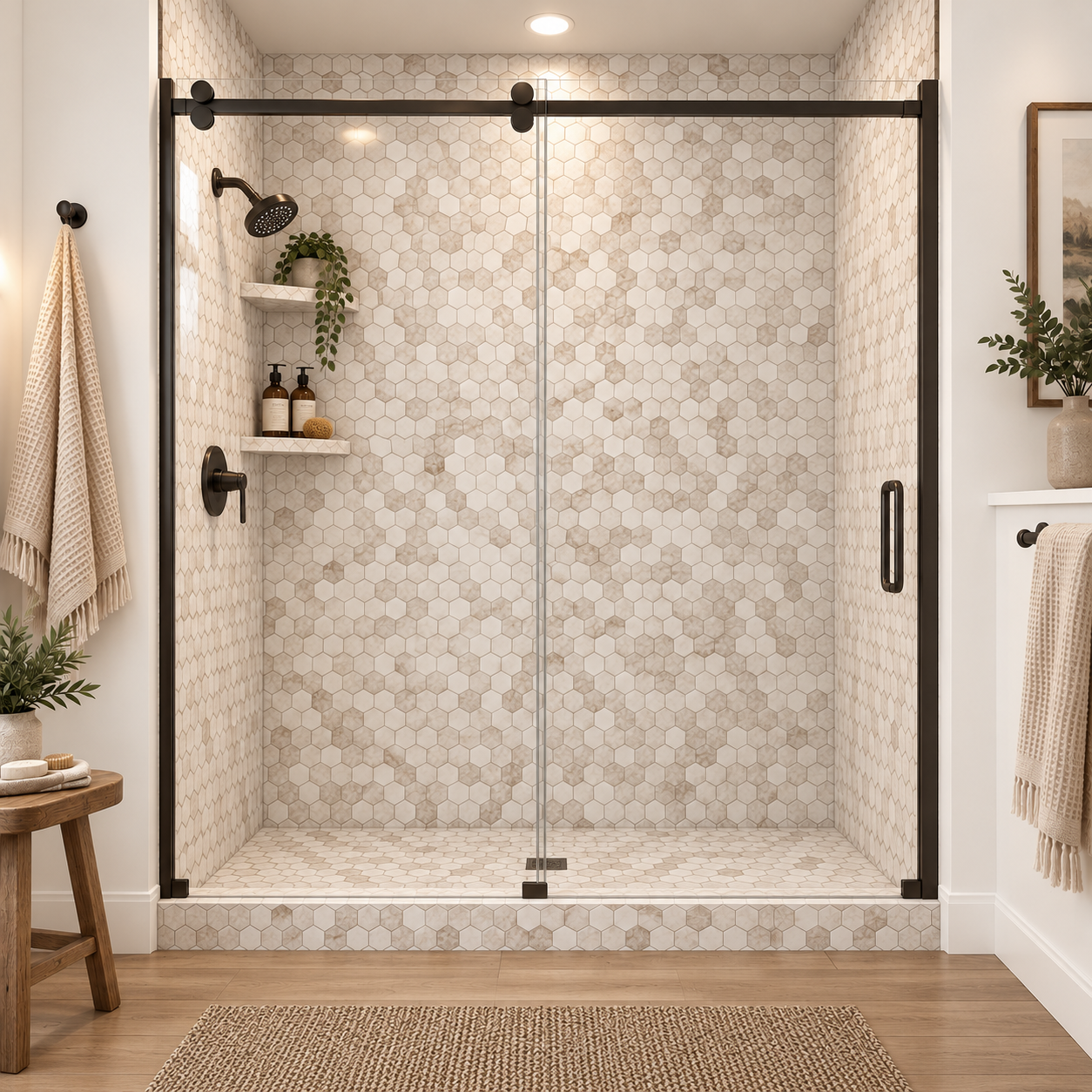 Calcutta Brown 2" Hex shower rendering