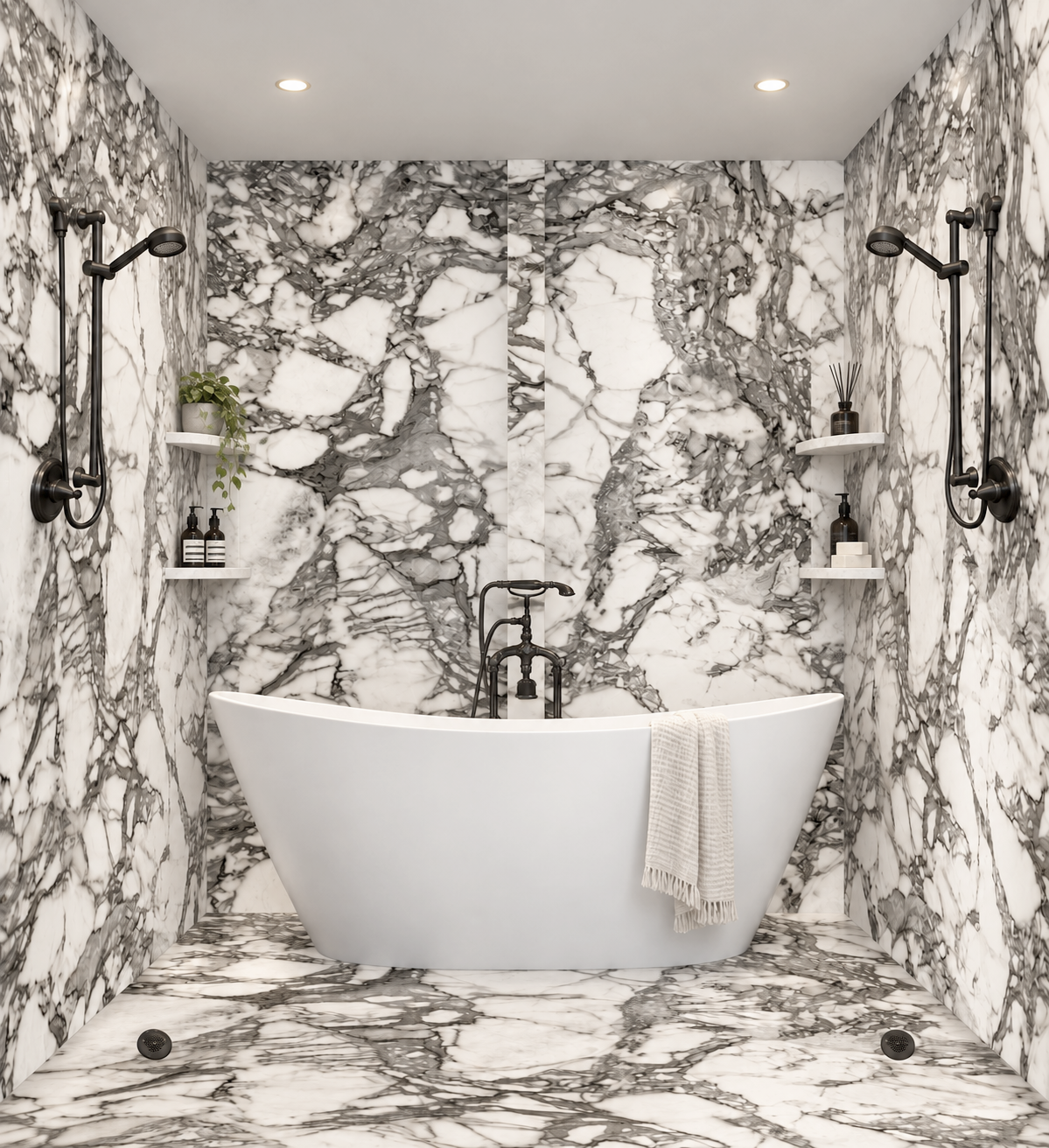 Calcutta Nero tub and shower wet room rendering