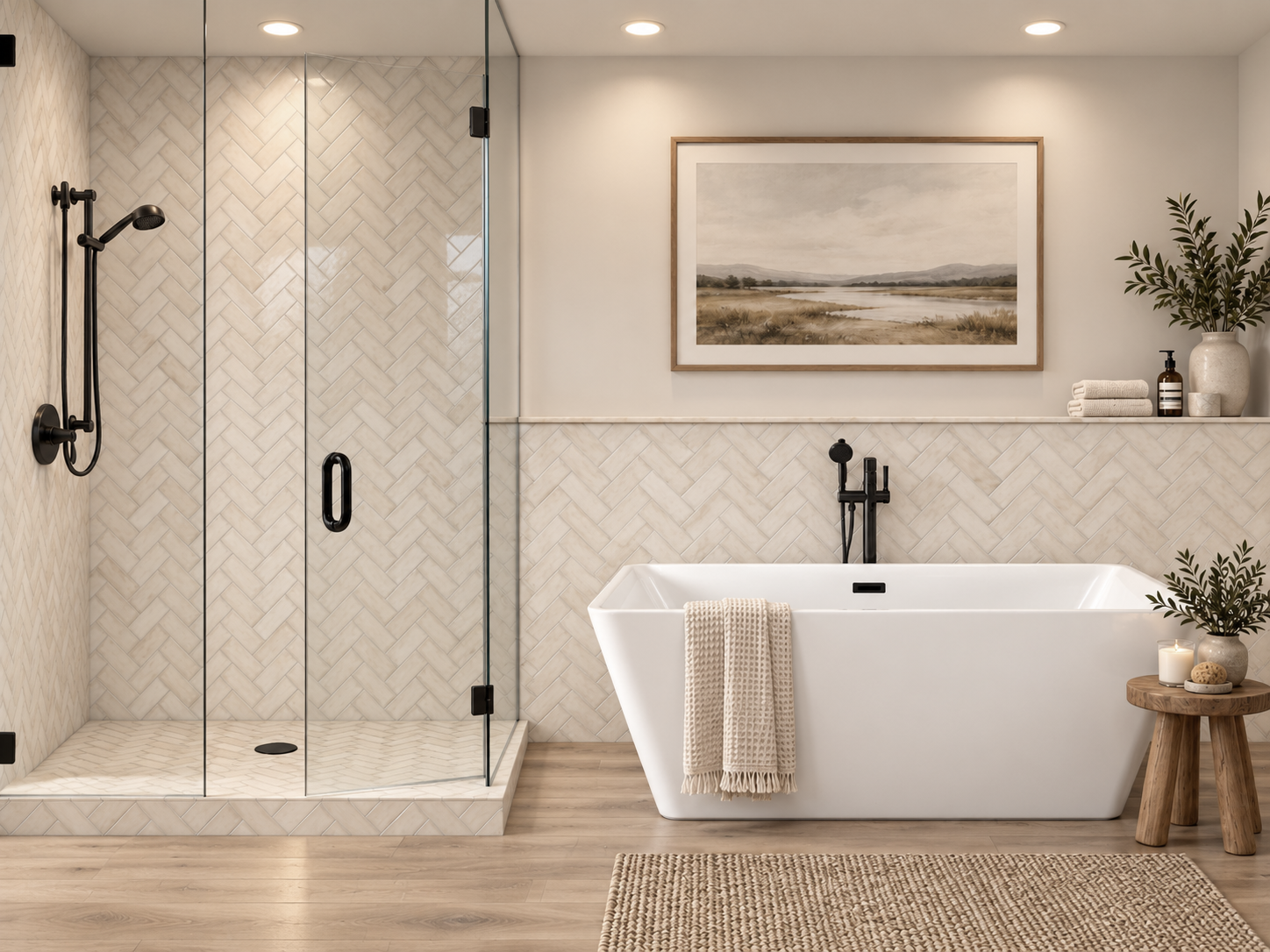 Beige Herringbone 2x6 Terracotta 2 wall shower rendering