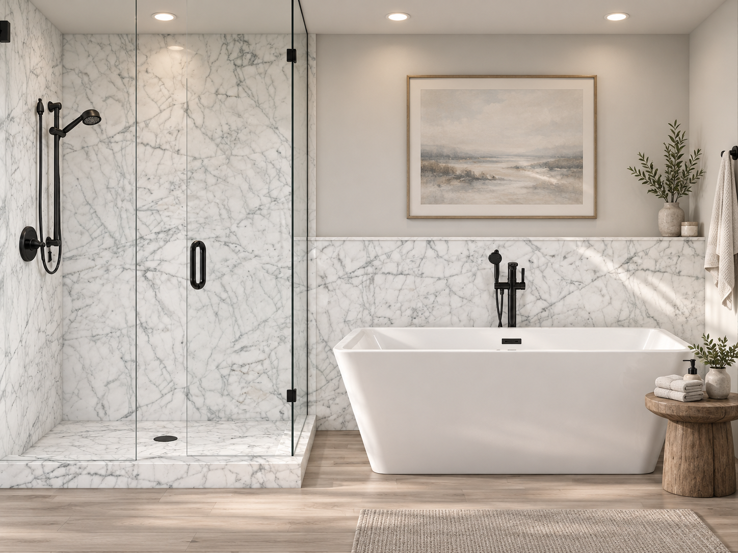 Bianco Carrara 2 wall Shower Surround with Wainscoting rendering