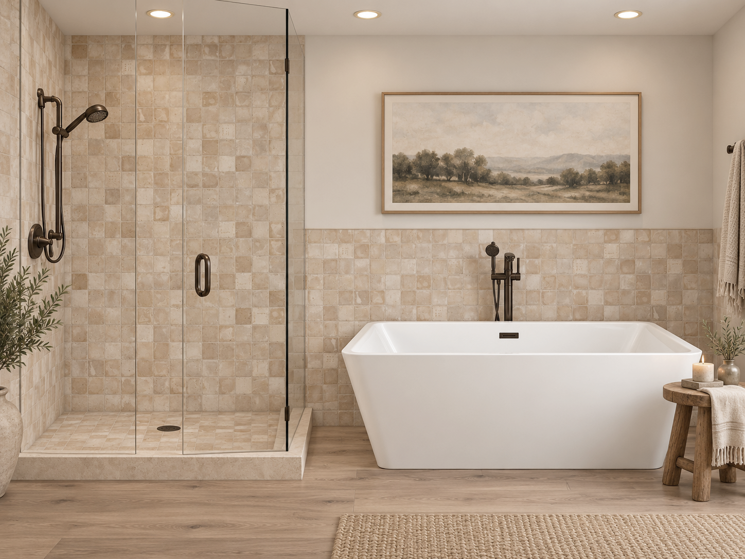 Sand 4x4 Terracotta 2 wall shower and wainscot rendering