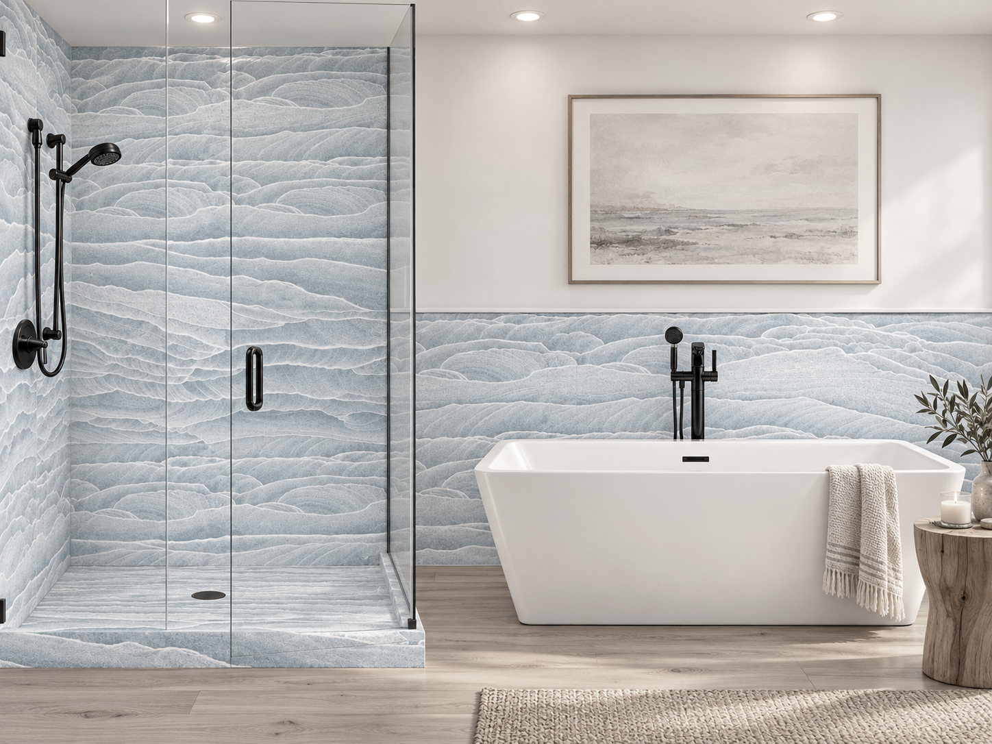 Ocean Waves 2 wall shower and wainscot rendering