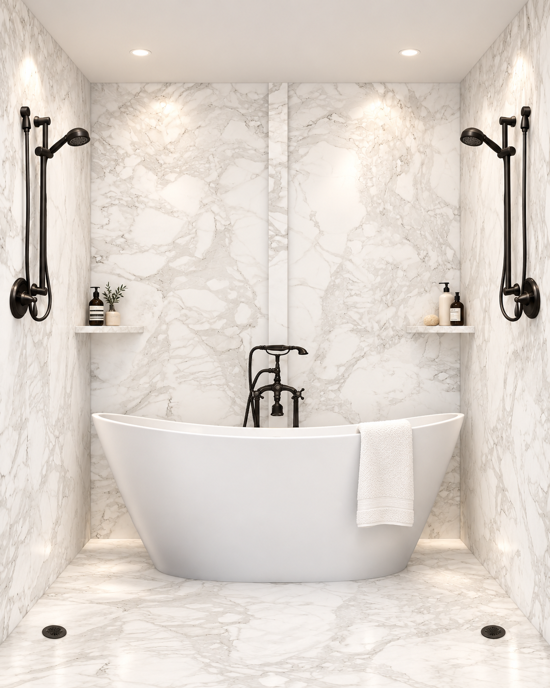 Calcutta White tub and shower wet room rendering
