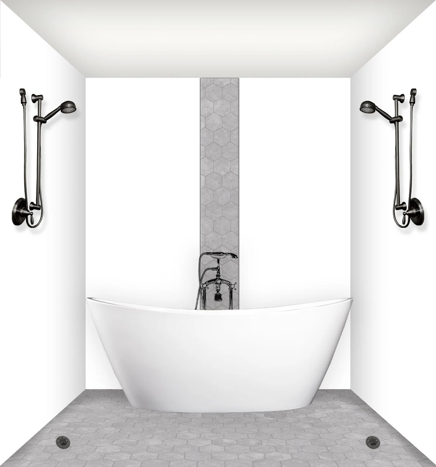 Solid White Shower Surround with Washed Concrete 6 Inch Hexagon Accent Strip and Shower Floor