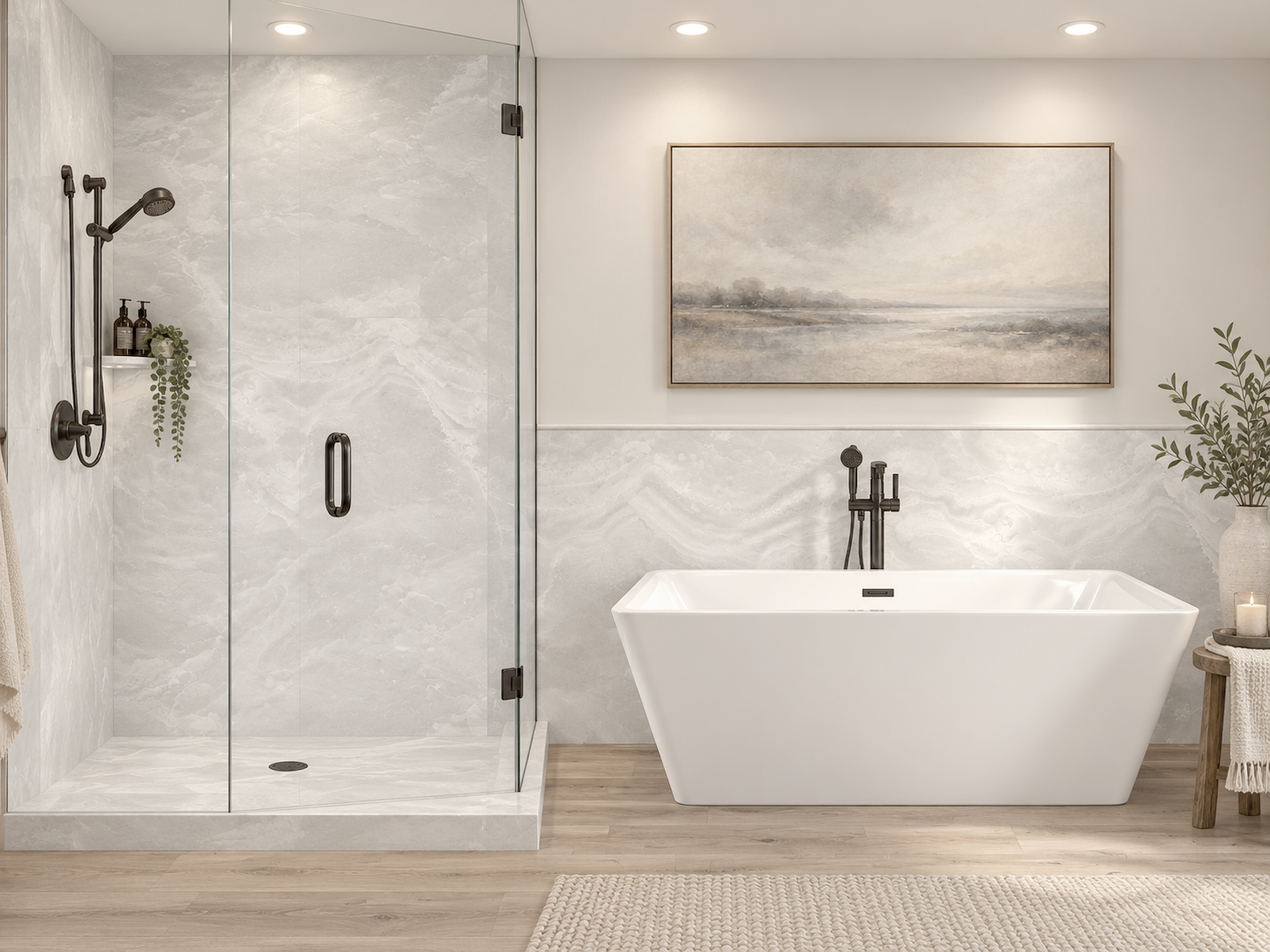 Silver 2 wall shower surround and wainscoting rendering