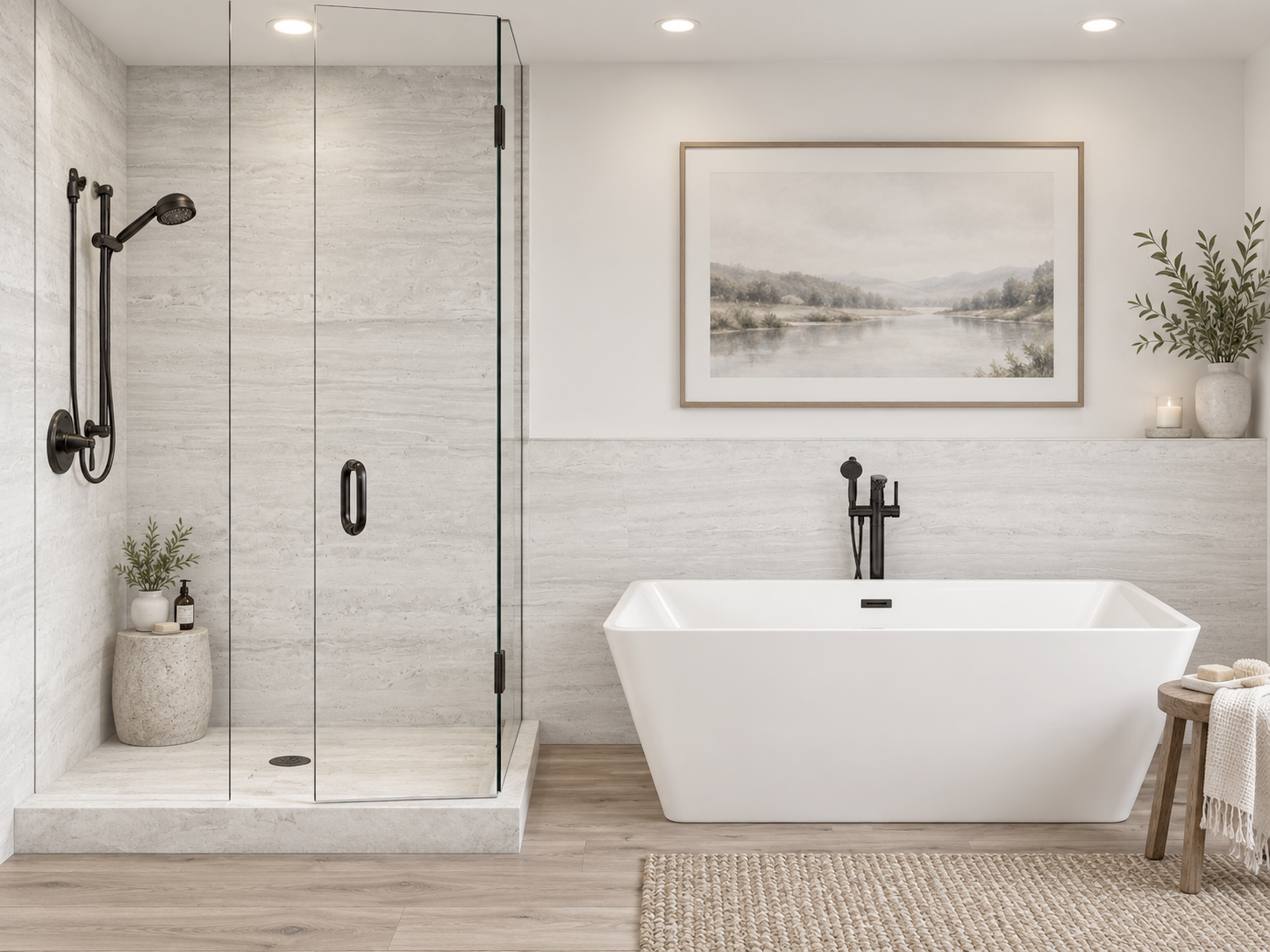 Stratus White 2 Wall Shower Surround and Wainscoting rendering