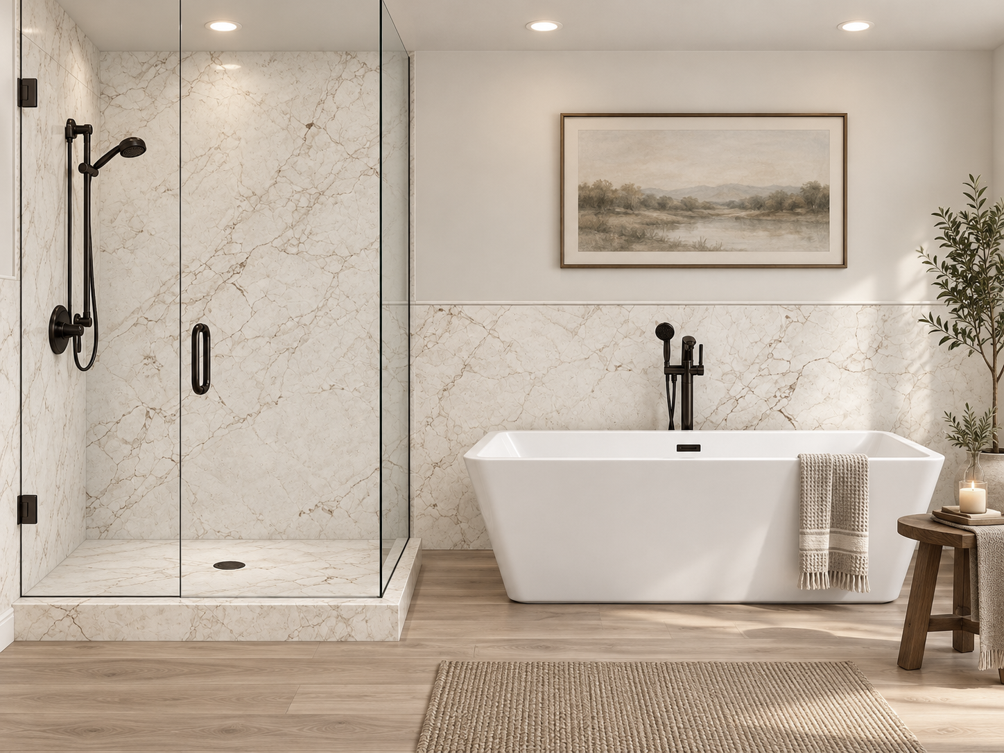 Crema White 2 wall Shower Surround with Wainscoting rendering