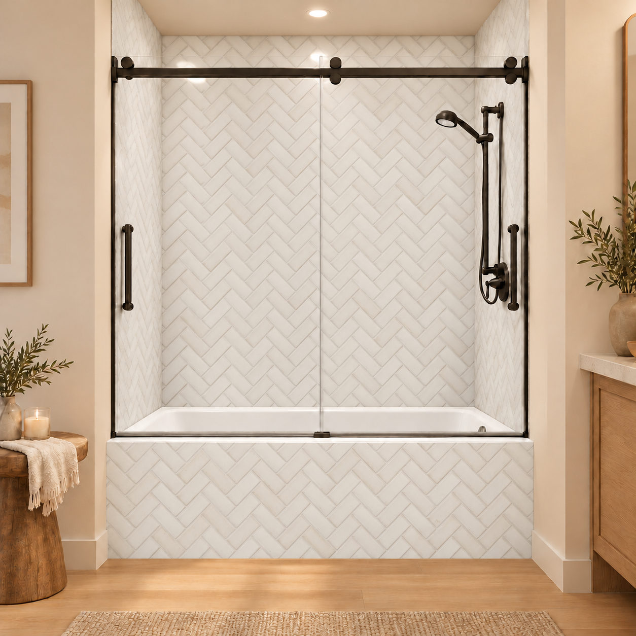 Beige Herringbone 2x6 Terracotta tub surround rendering