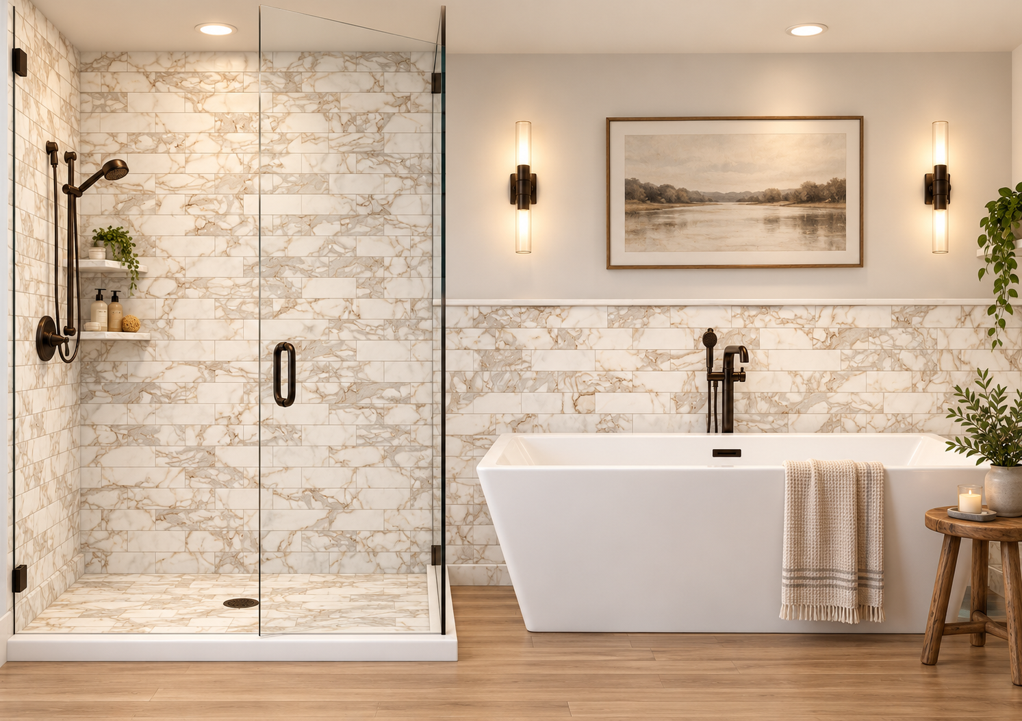 Calcutta Brown 3x12 subway 2 wall shower and wainscot rendering