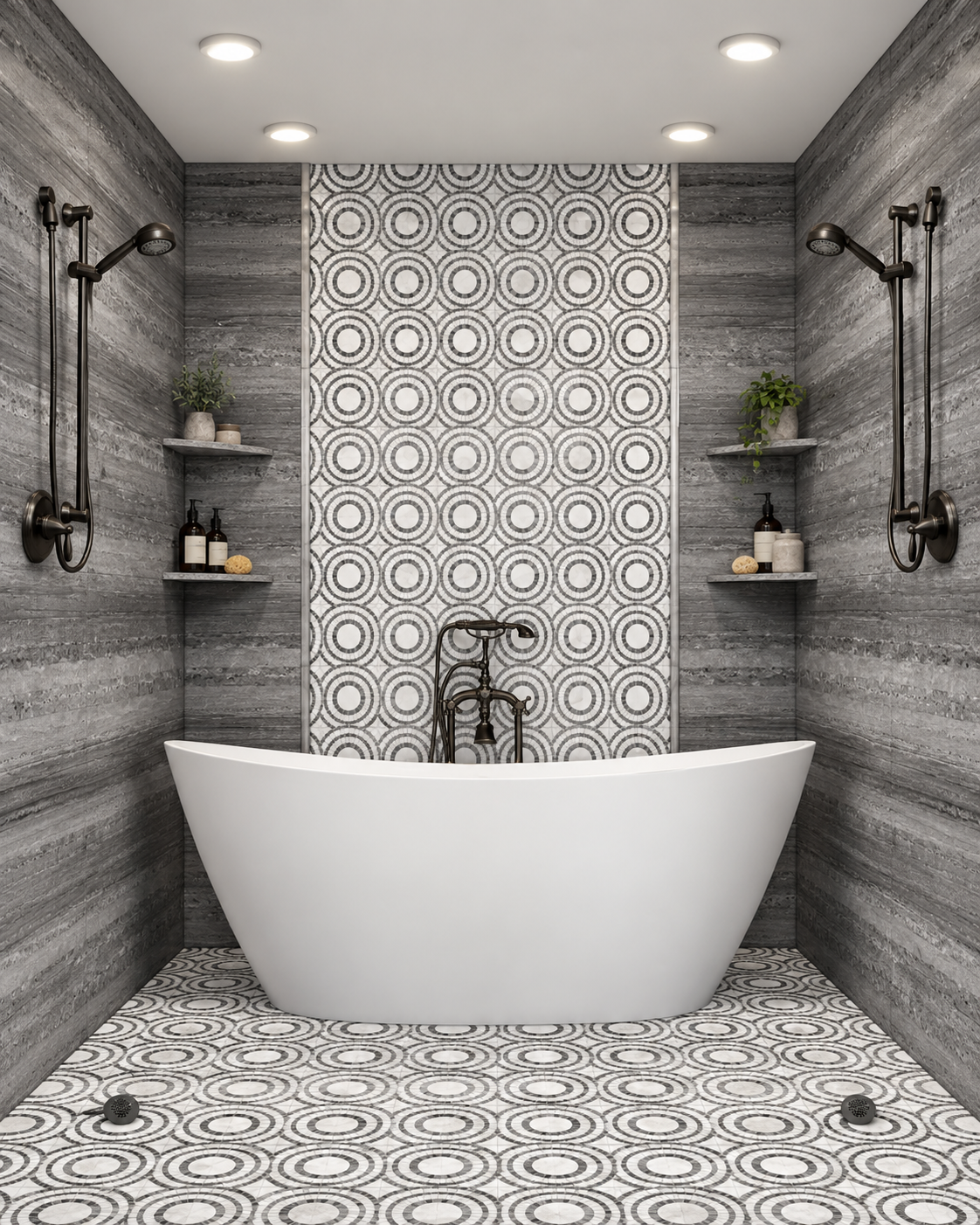 Calcutta White, Stratus Gray Circus Accent wall and Floor rendering