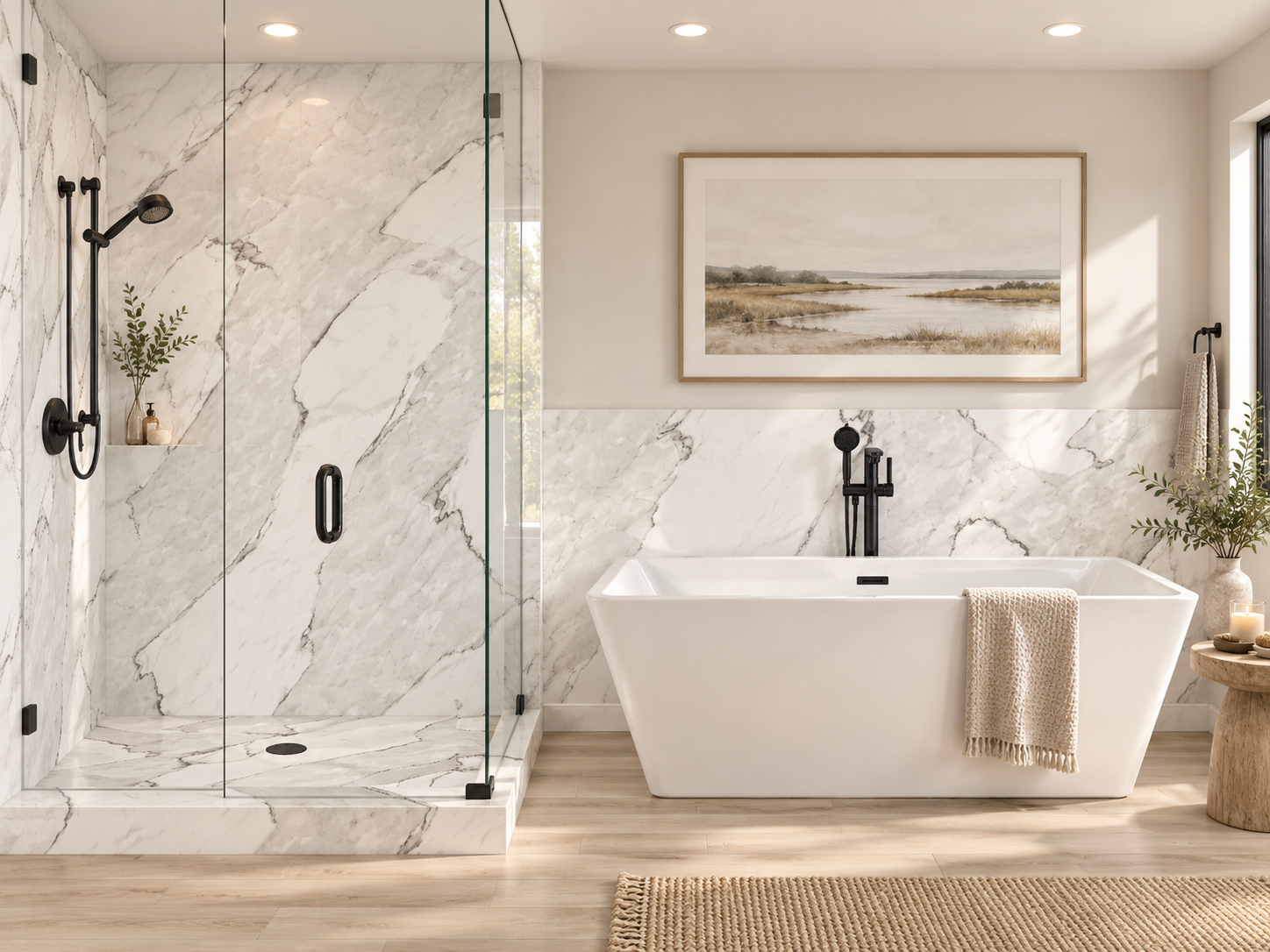 Aria Griggio 2 wall Shower Surround with Wainscoting rendering