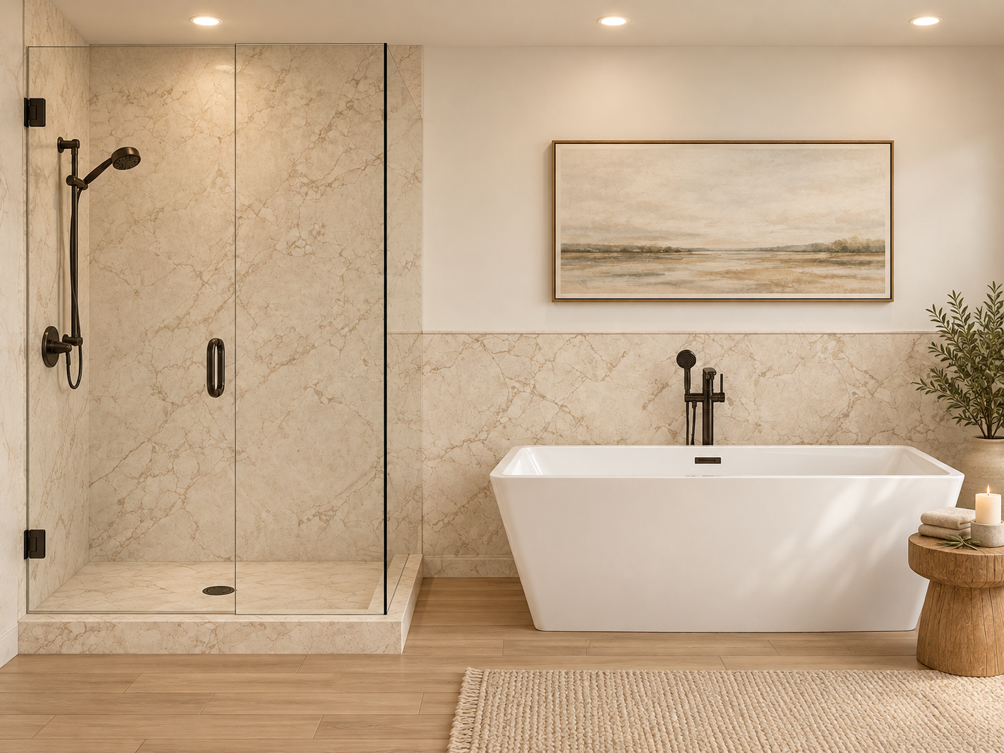 Crema Beige 2 wall Shower Surround with Wainscoting