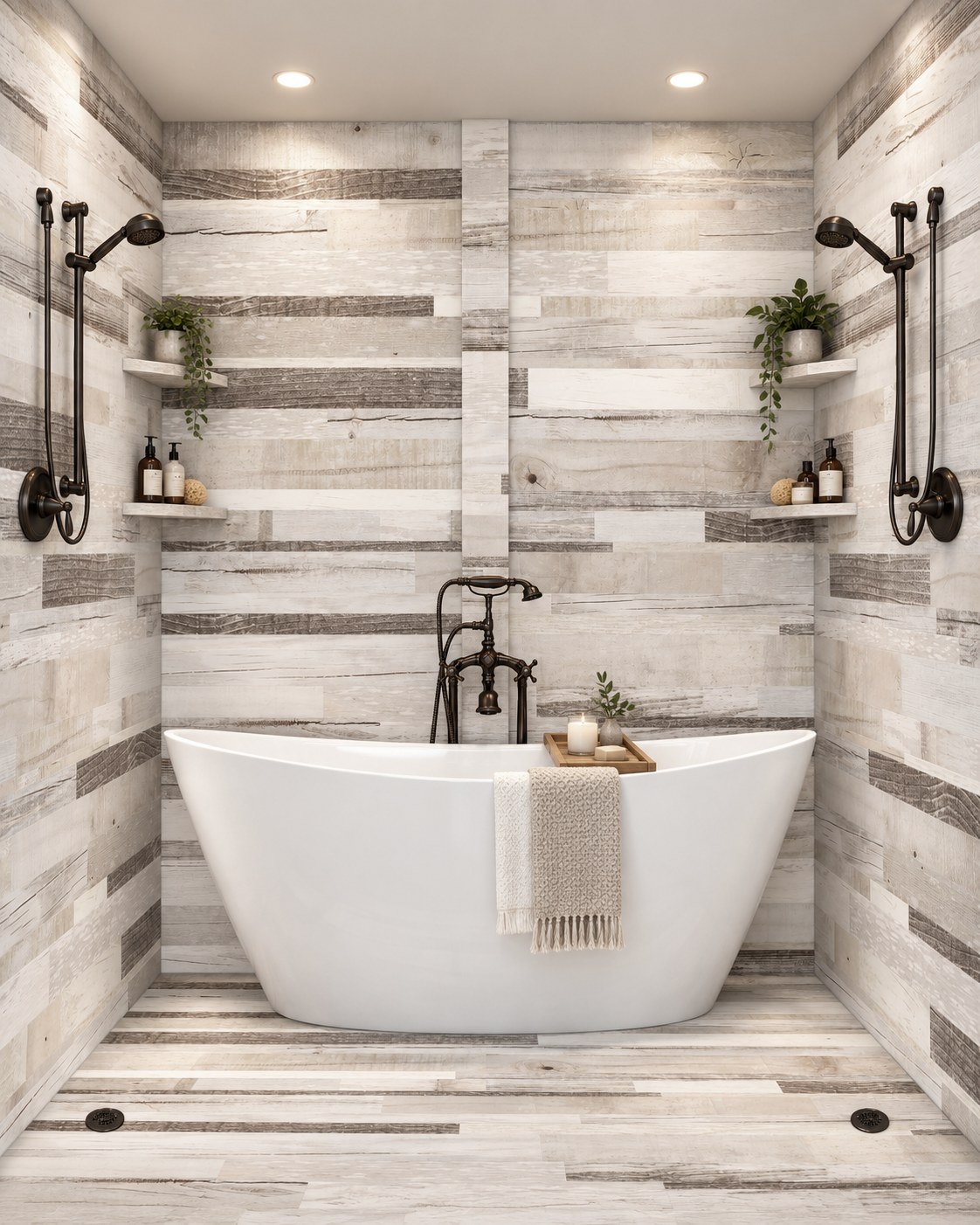 White Barnwood tub and shower wet room rendering