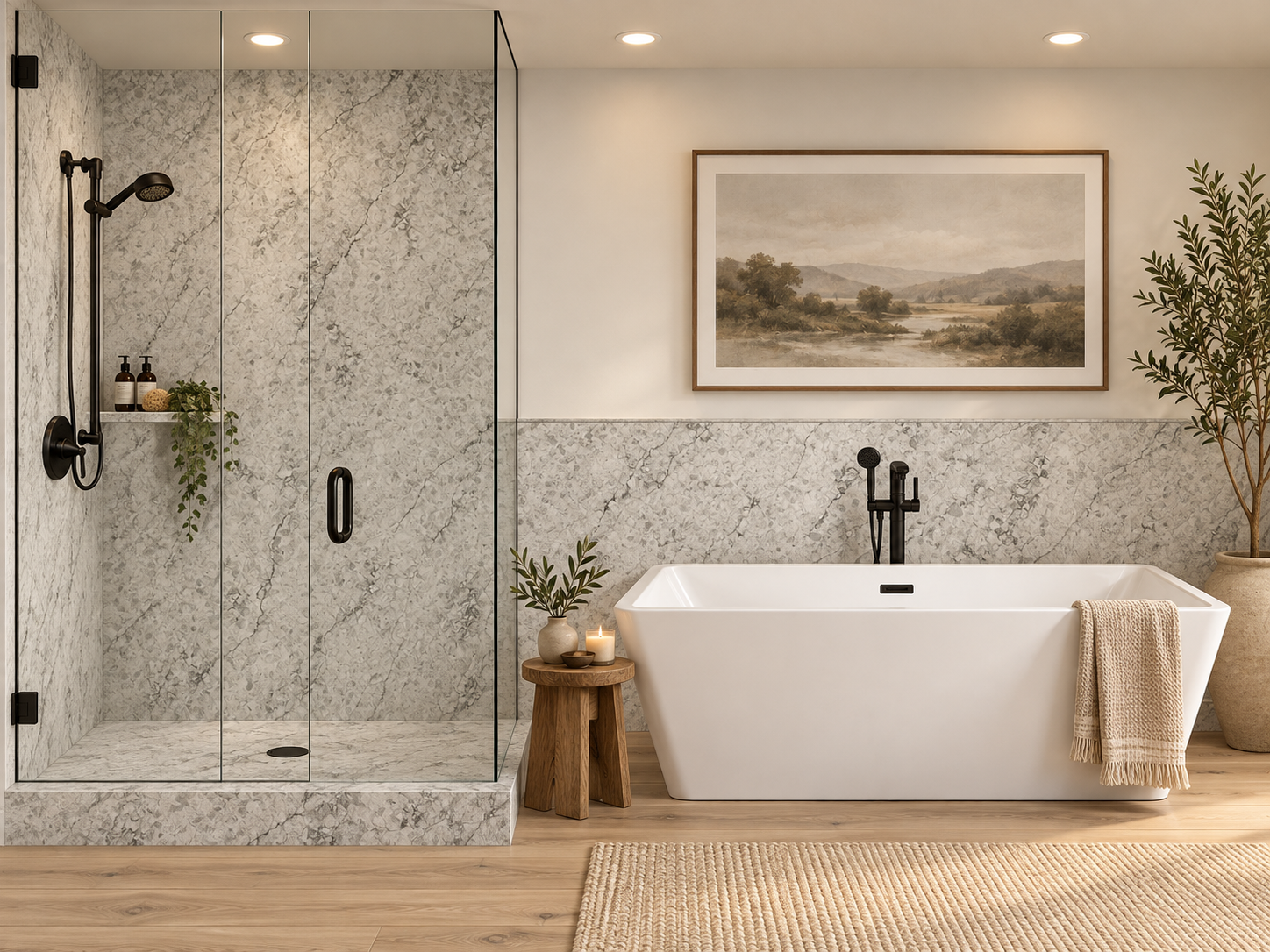 Milano Gray 2 wall shower and wainscot rendering