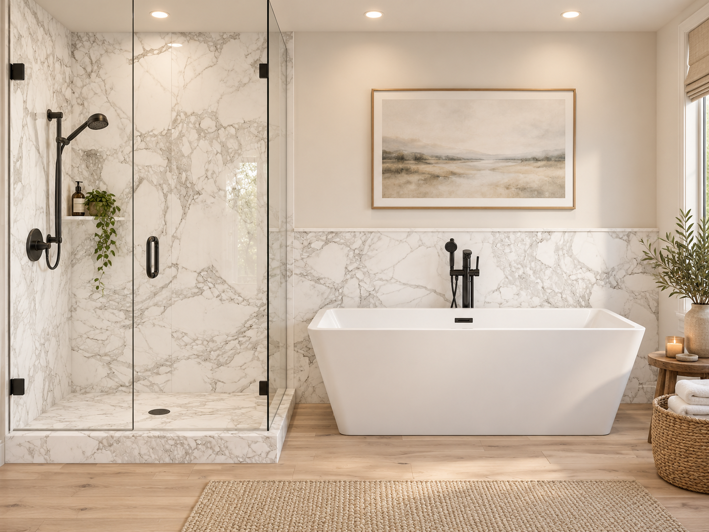 Calcutta White 2 wall Shower Surround with Wainscoting rendering