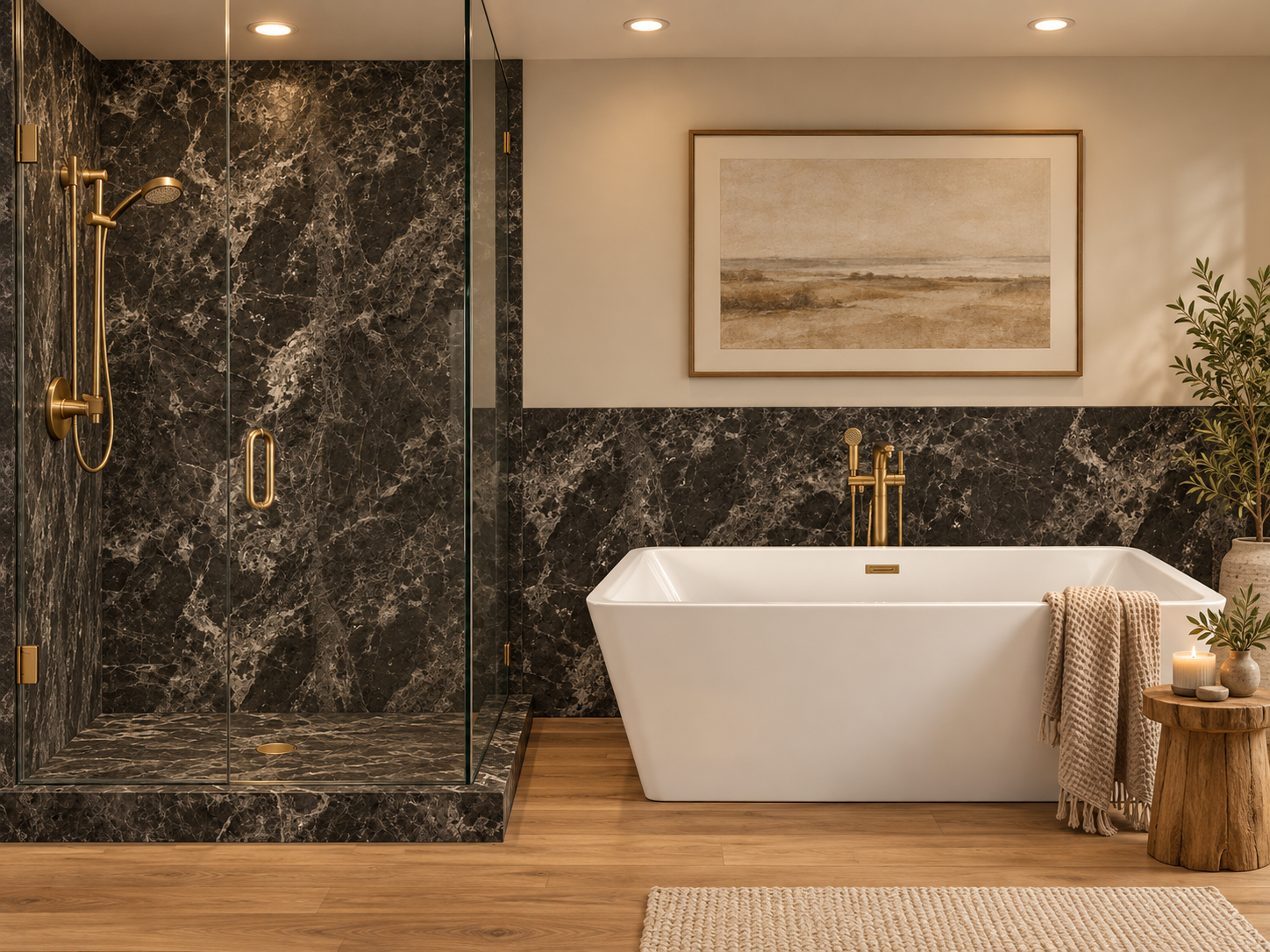 Obsidian 2 wall Shower Surround with Wainscoting rendering