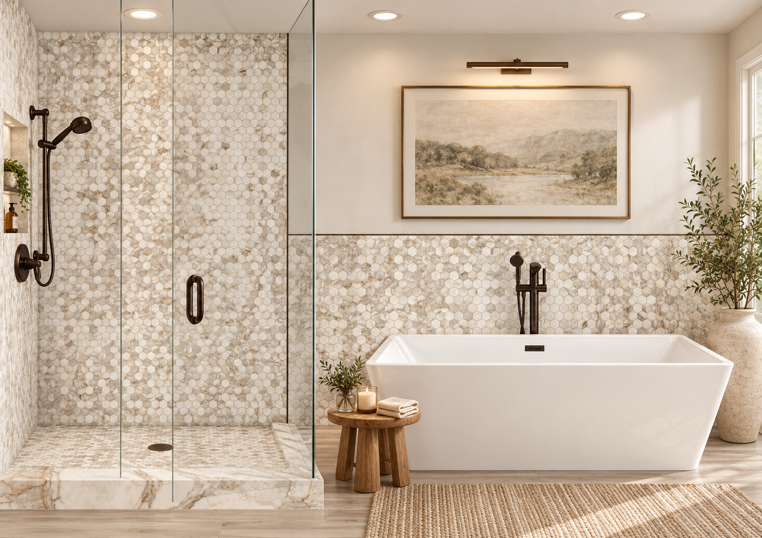 Calcutta Brown 2" Hex shower and wainscot rendering