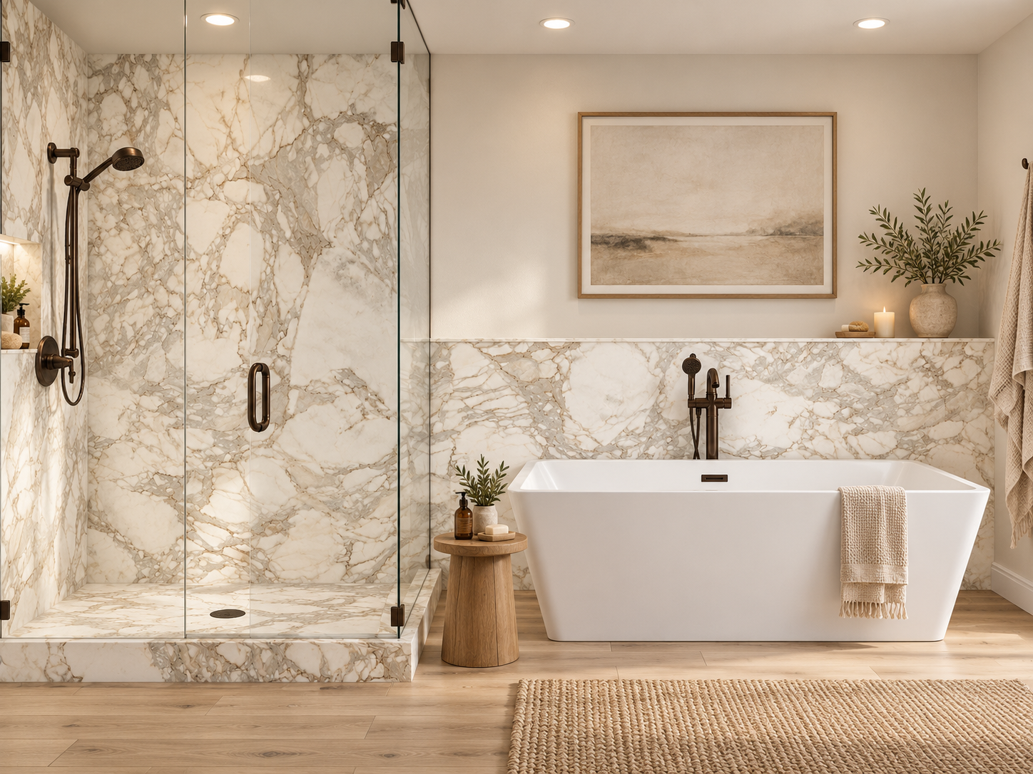 Calcutta Brown 2 wall Shower Surround with Wainscoting rendering