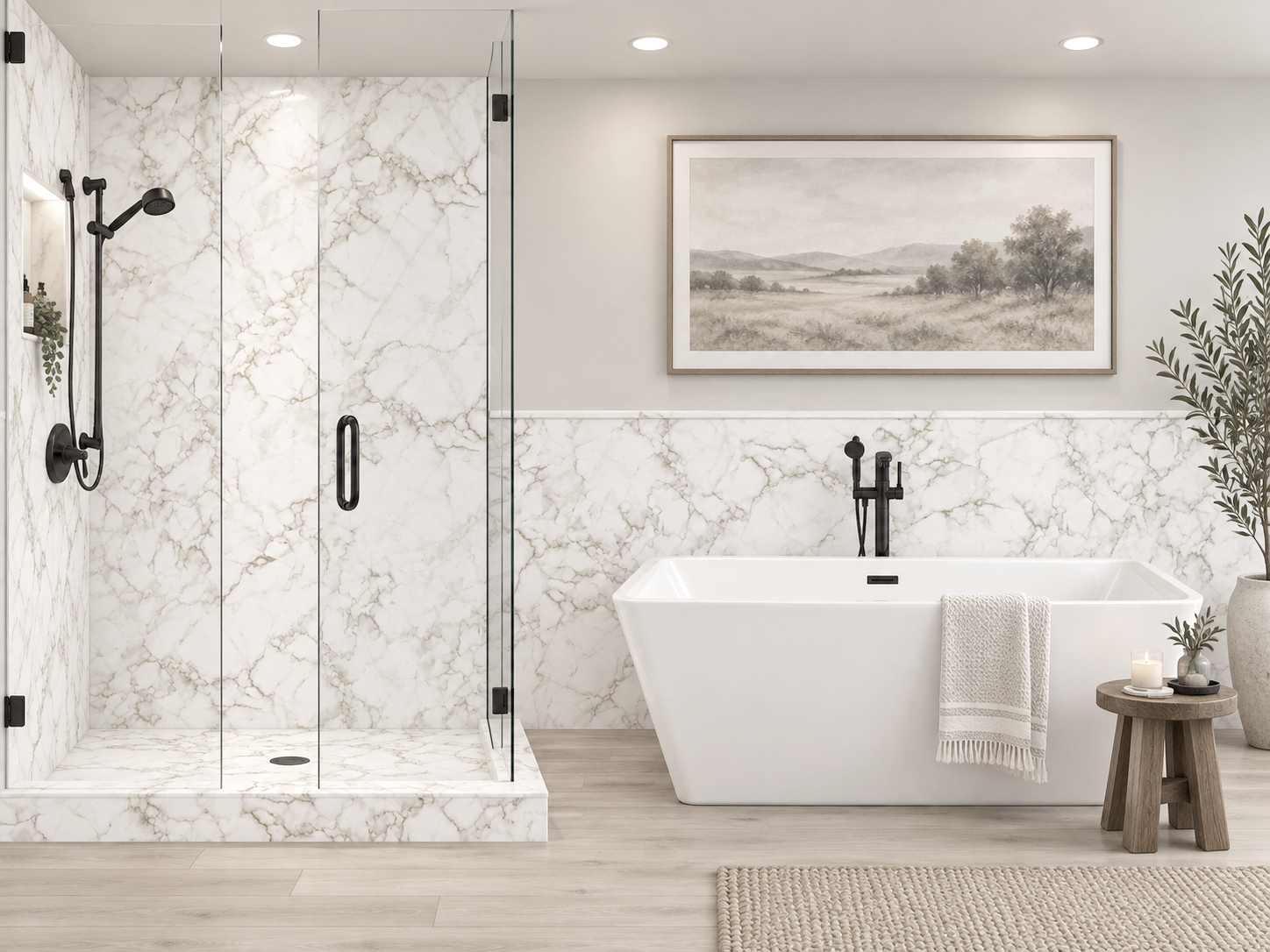Juneau Oro 2 wall shower and wainscot rendering