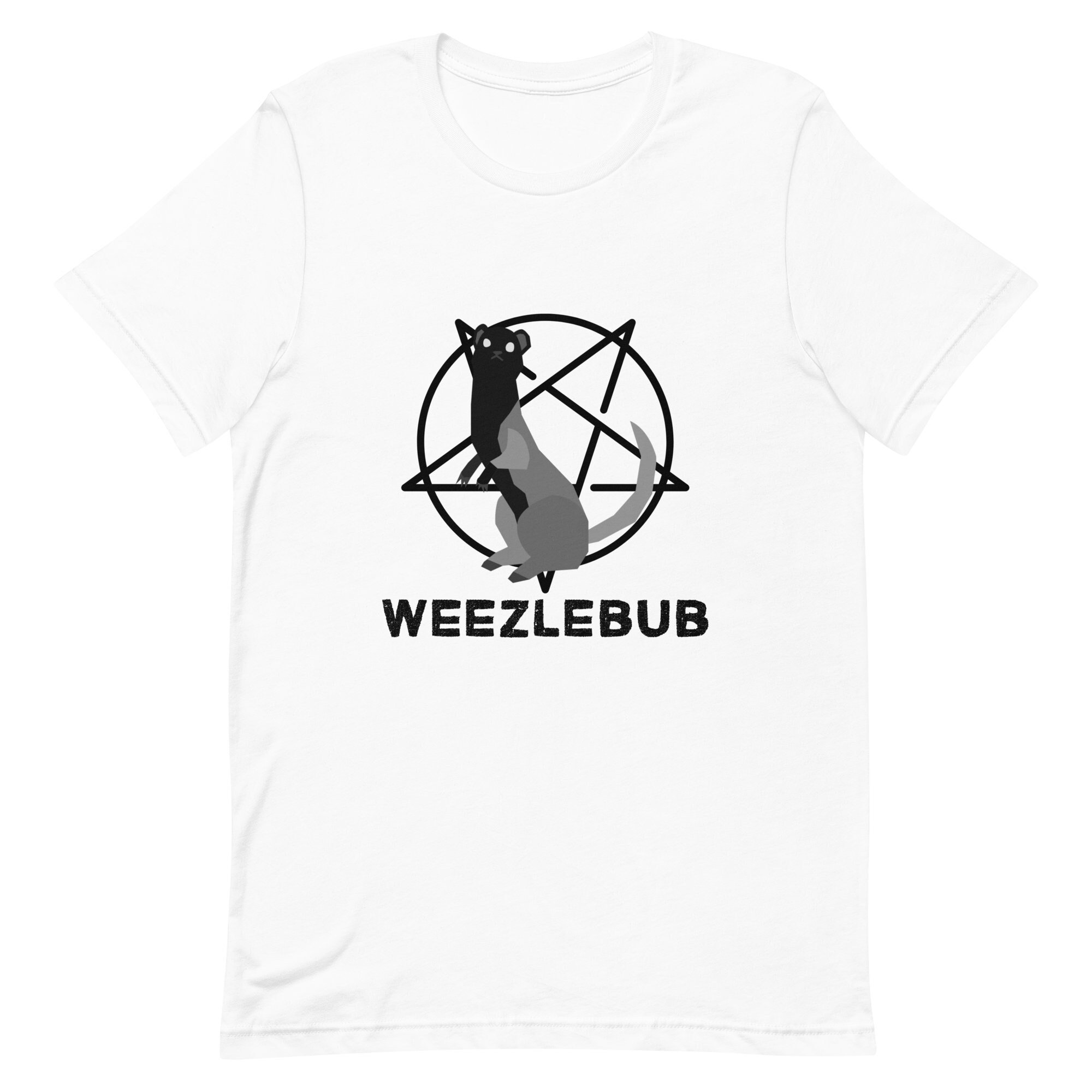 A white graphic tee with the design of a ferret or weasel and the text "weezlebub"
