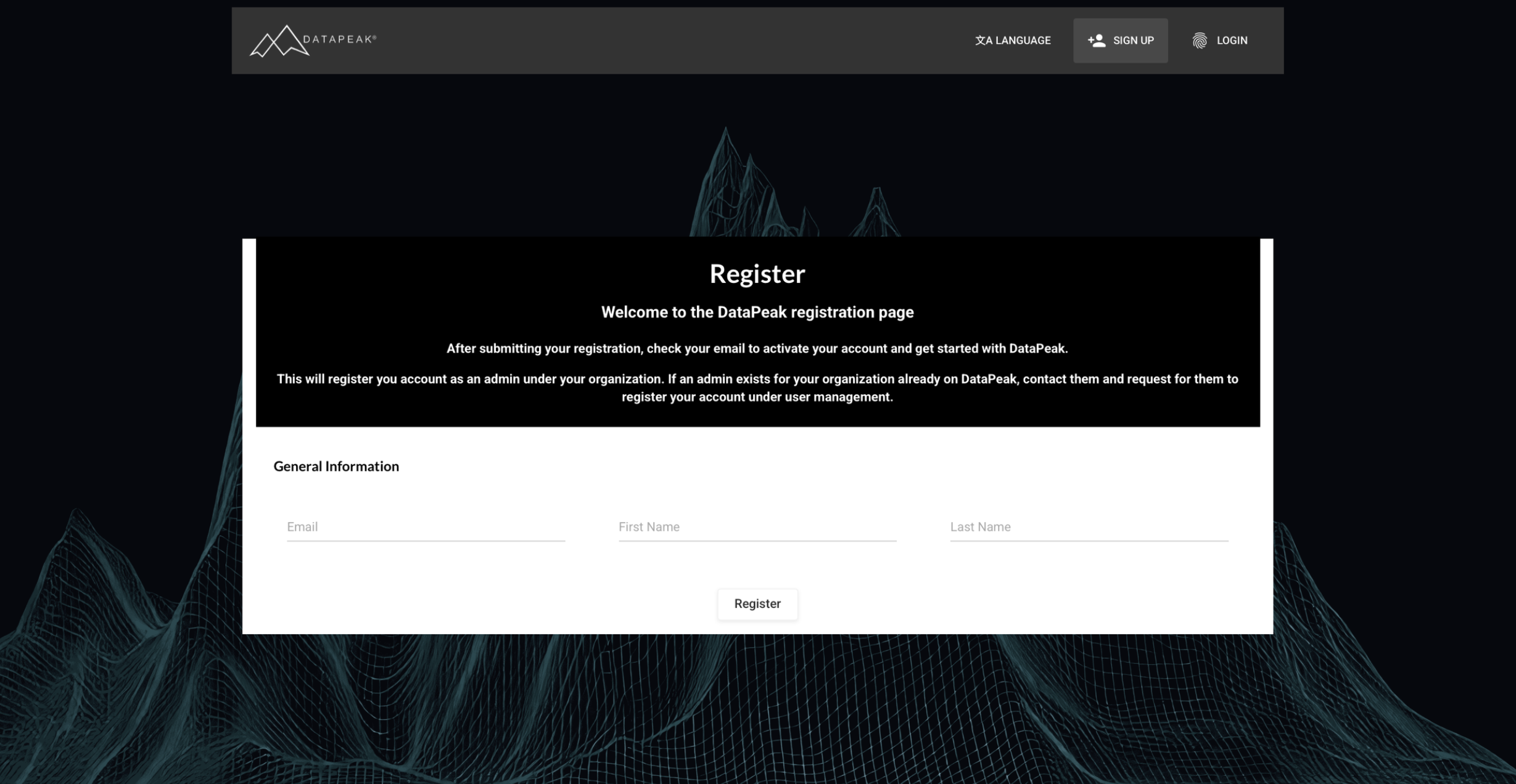 Sign Up For DataPeak (Registration Page)