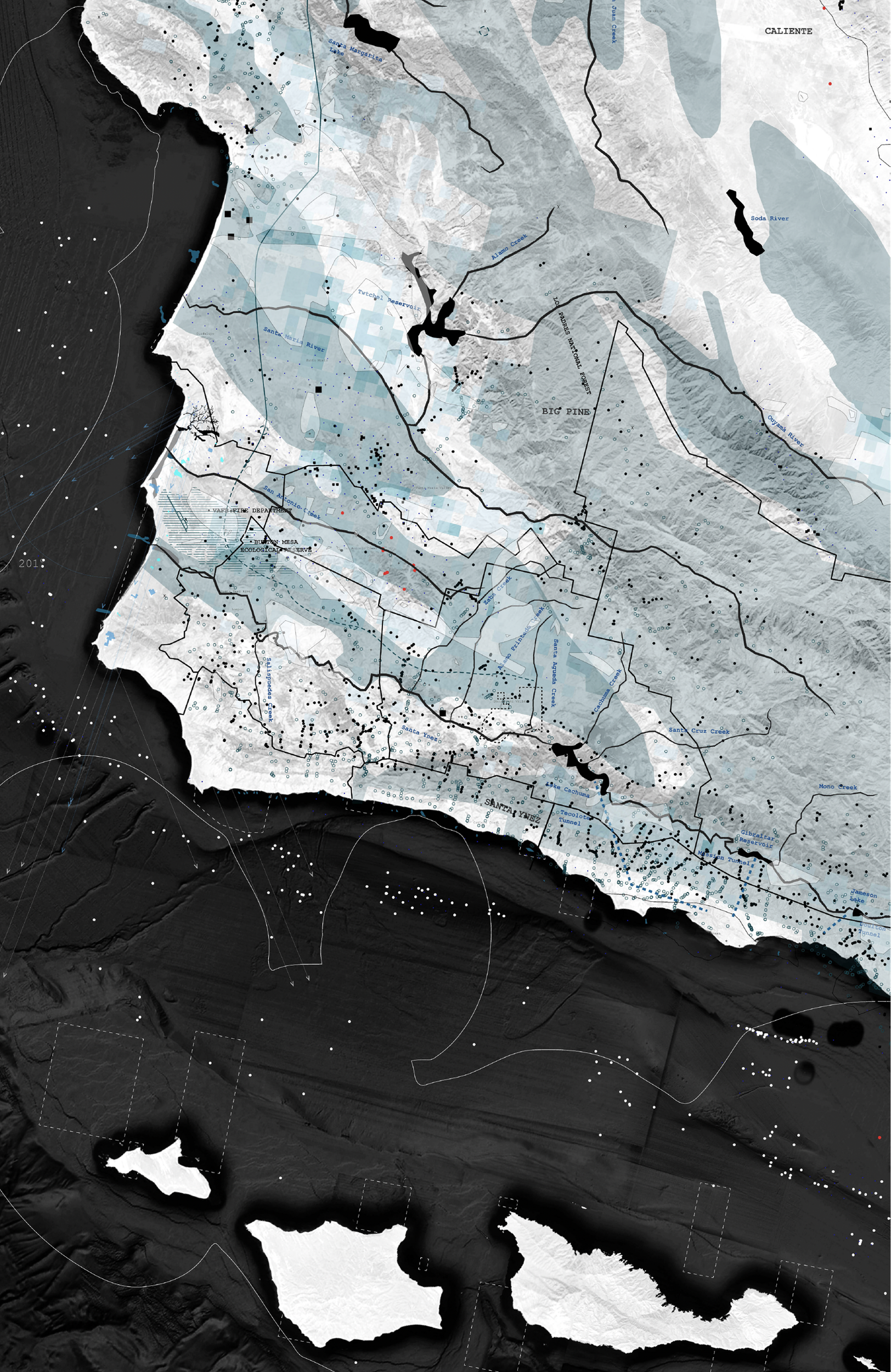 Topographical map of a region with elevation shading, water features, and various geological details, including lakes, rivers, and mountain ranges surrounding Vandenberg Air Force Base in California.